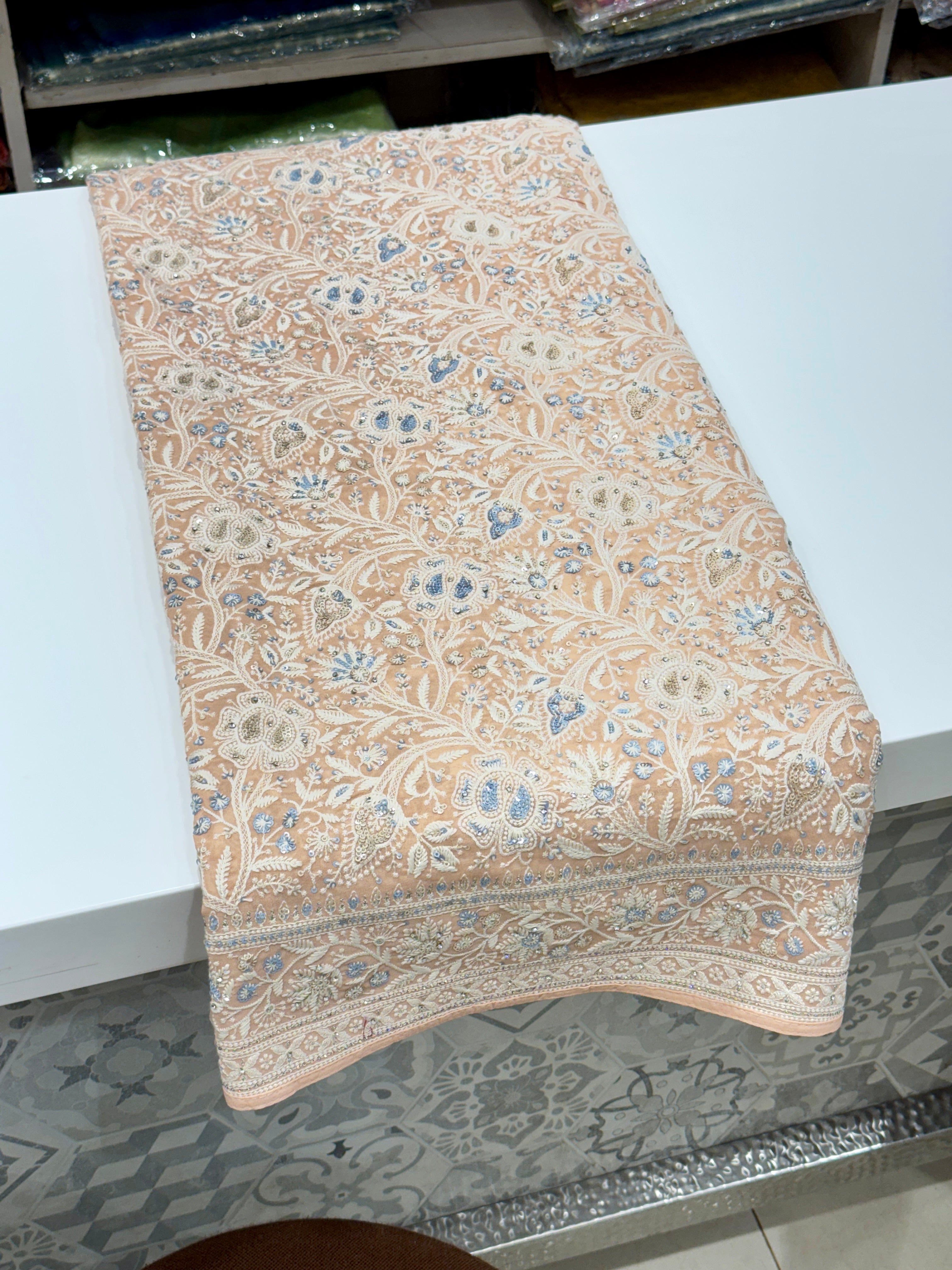 Light Peach Chikankari Saree Floral Design
