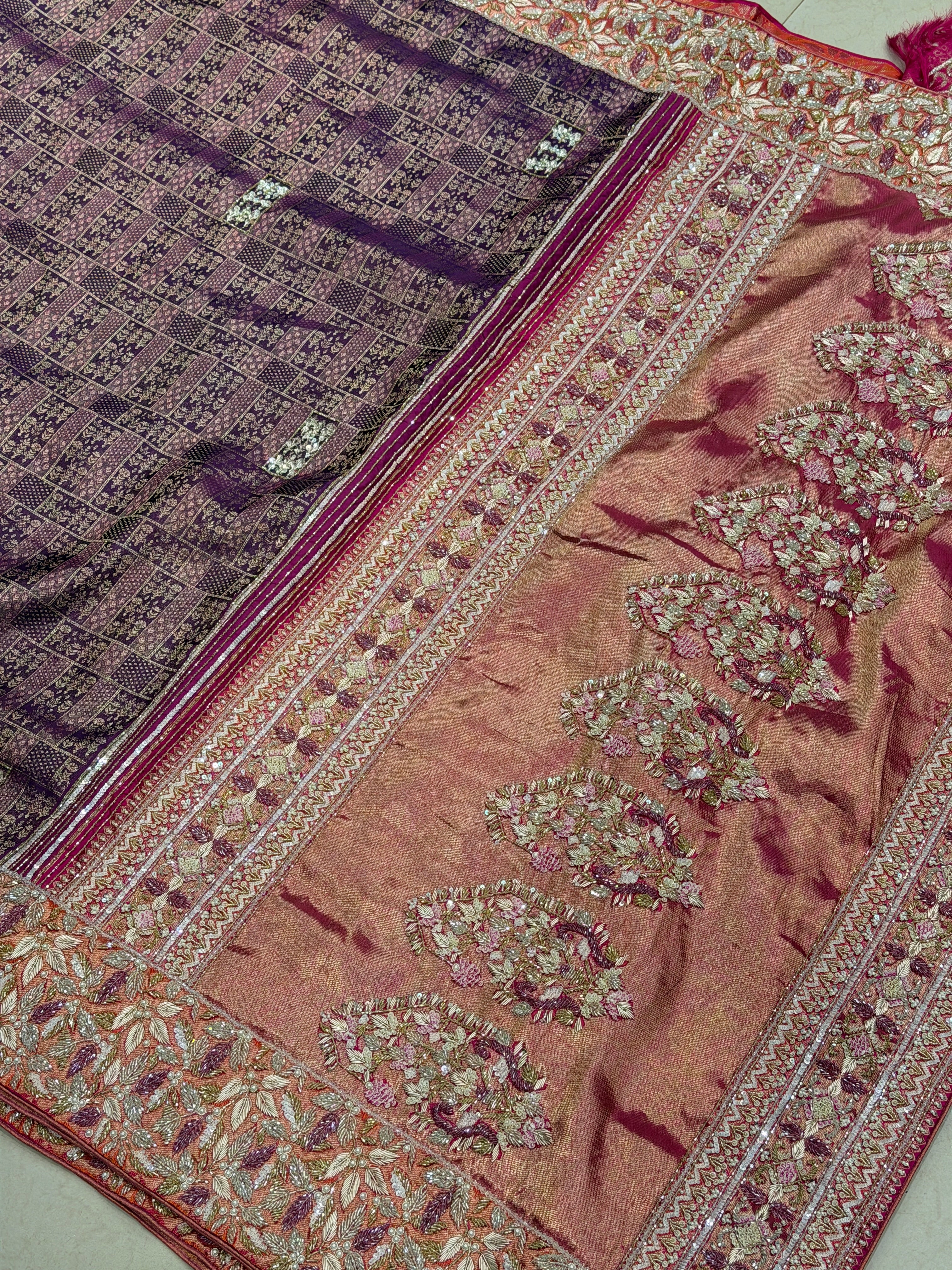 Violet Orange Kanjivaram Zardosi Moti Hand Embroidery Saree with Heavy Blouse