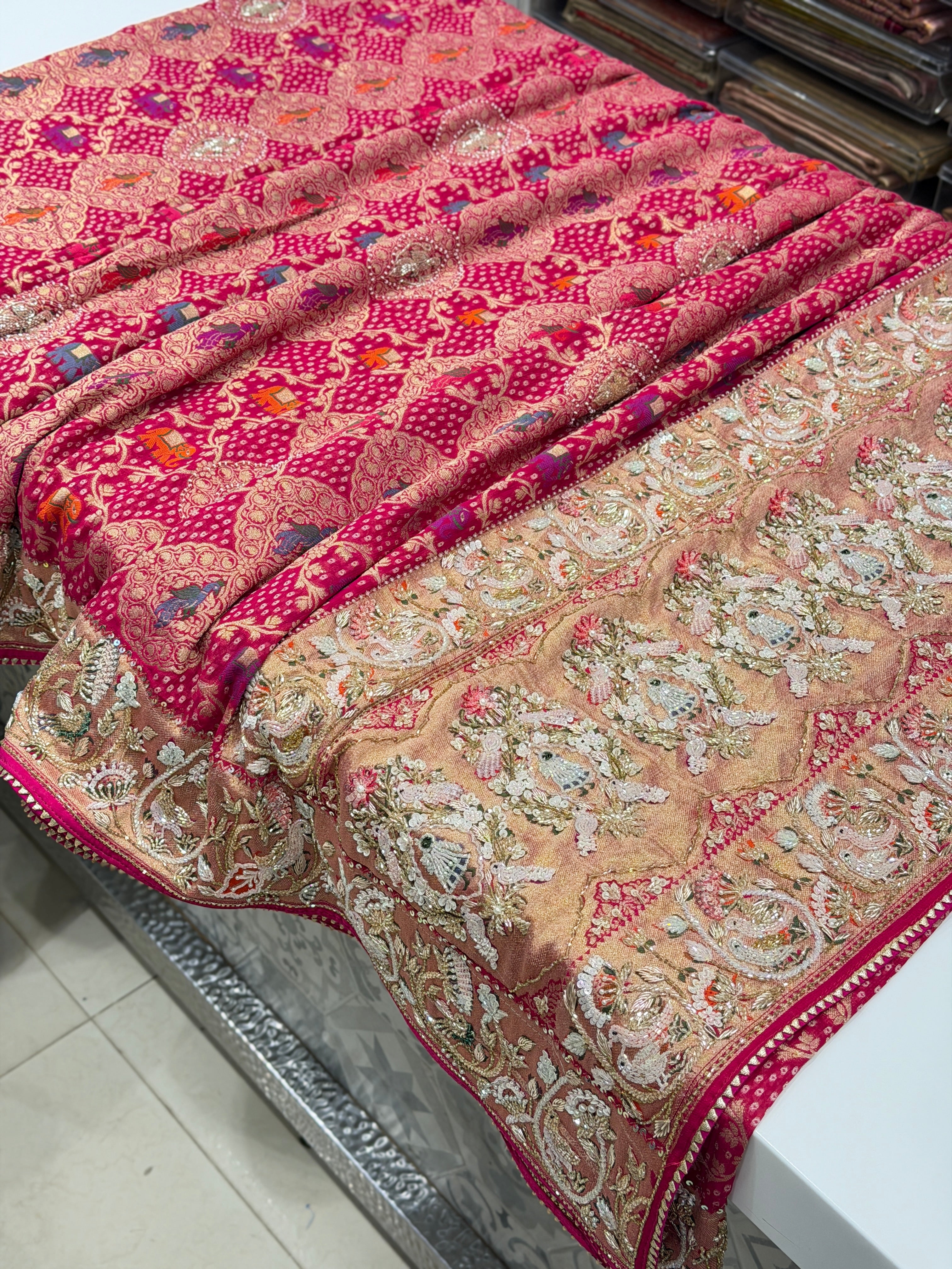 Rani Pink Woven Bandhej Moti Sequin Zardosi Hand Embroidery Saree