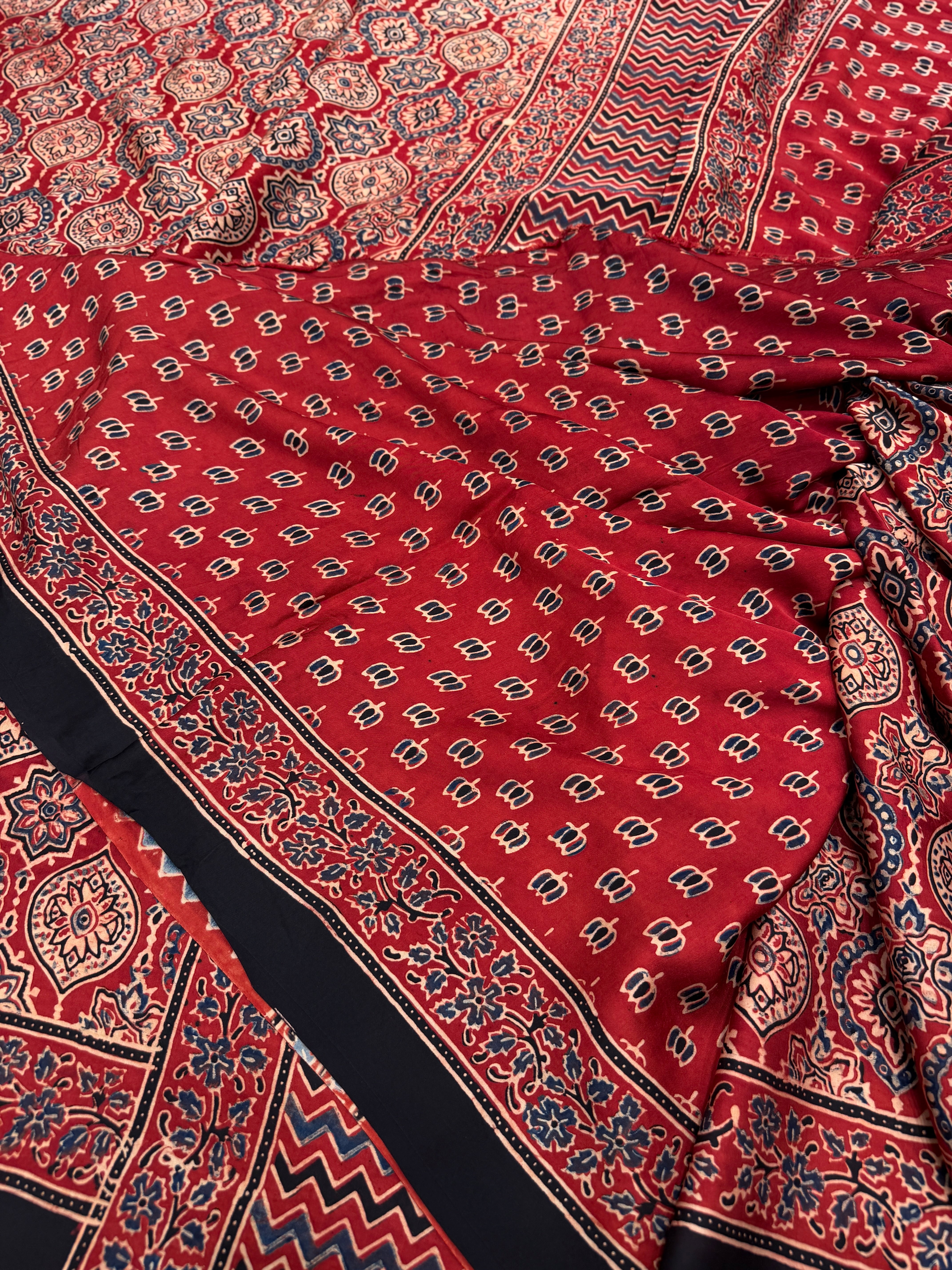 Red Badam Jaal Ajrakh Block Print Hand Pure Gajji Silk Saree