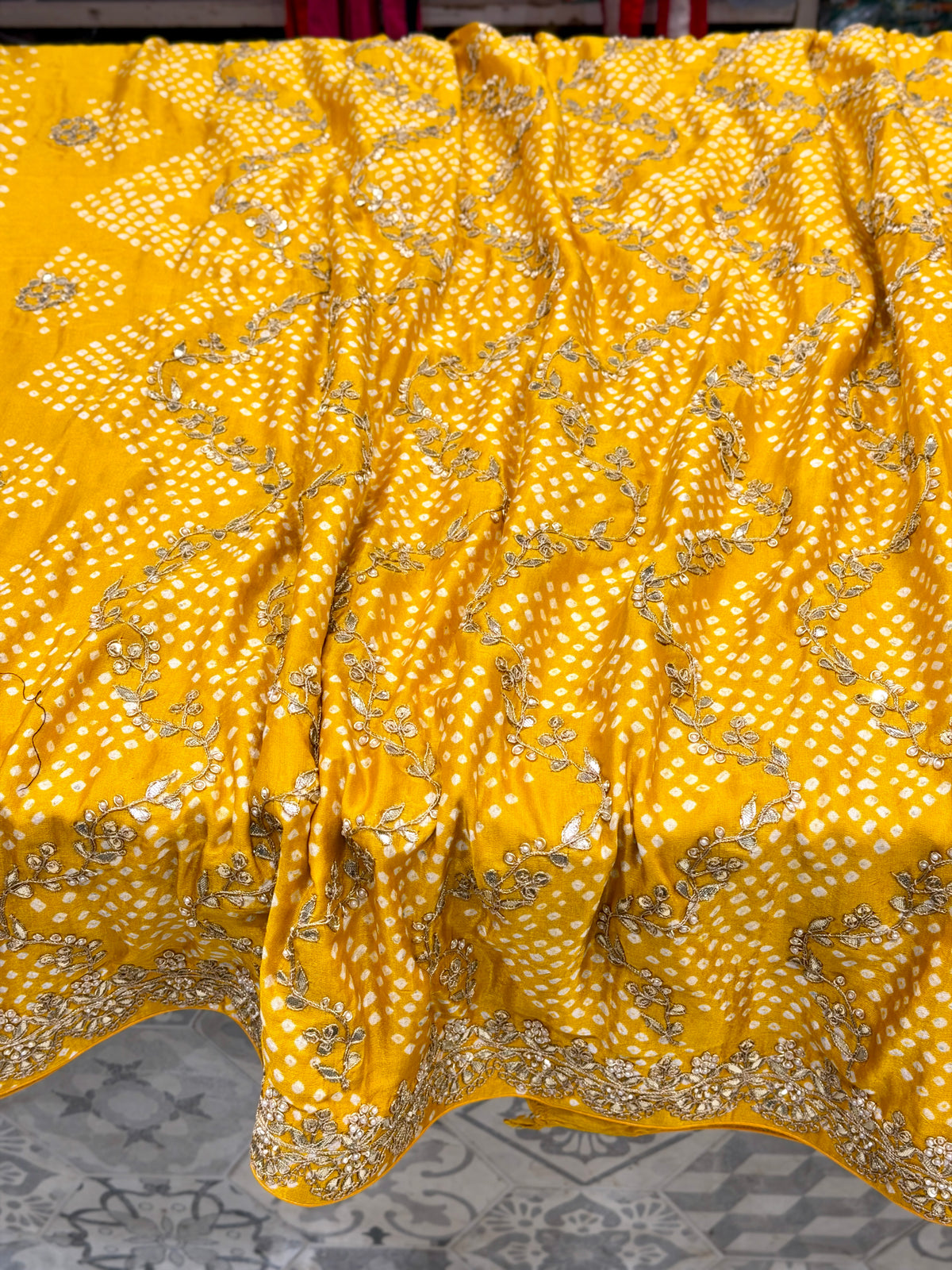 Yellow Jaal Faabiiana Inspired Gajji Silk Rai Bandhej Gotapatti Marodi Hand Embroidery Saree