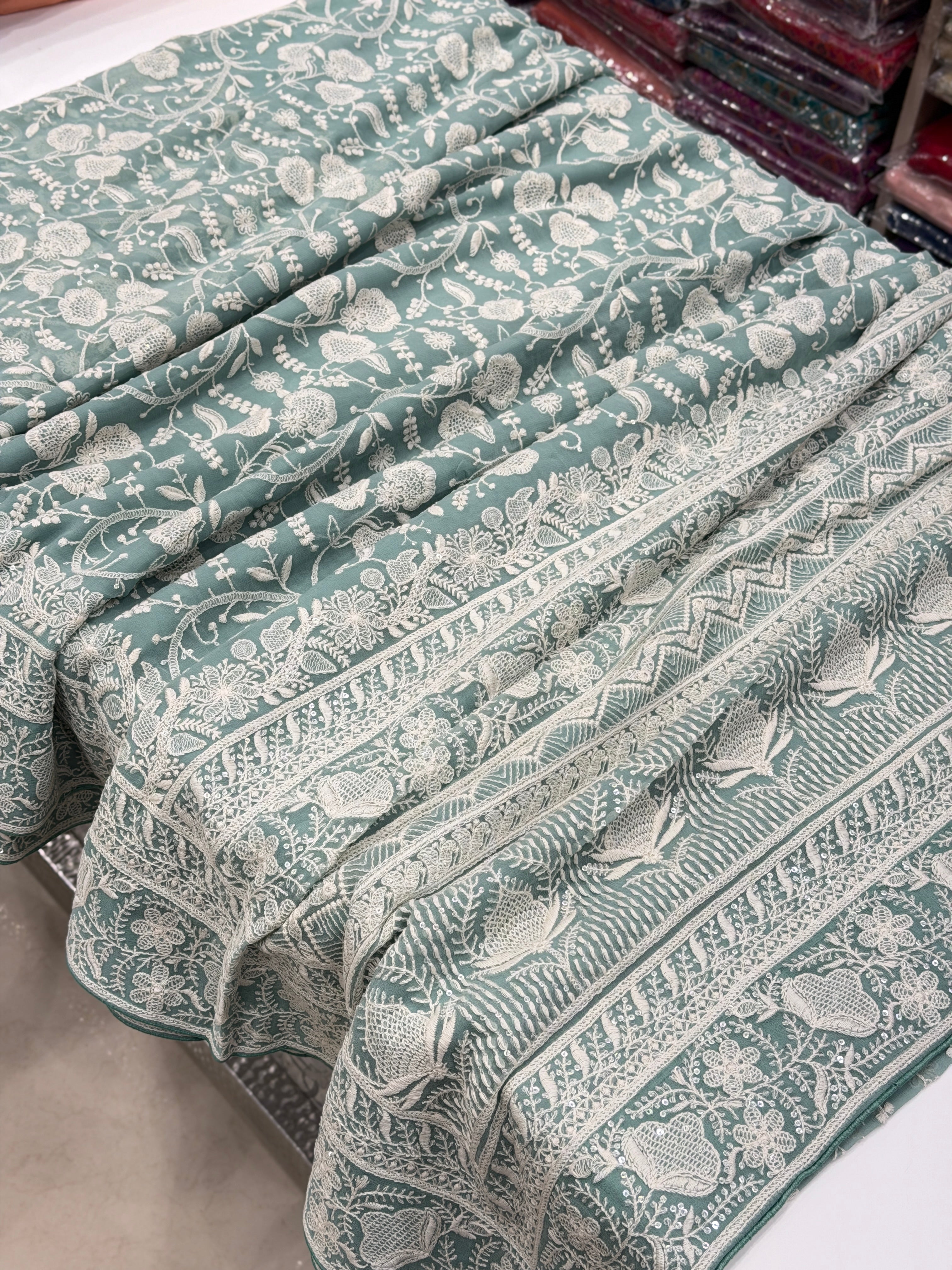 Mint Green Georgette Chikankari Three Floral Jaal Resham Embroidery Saree