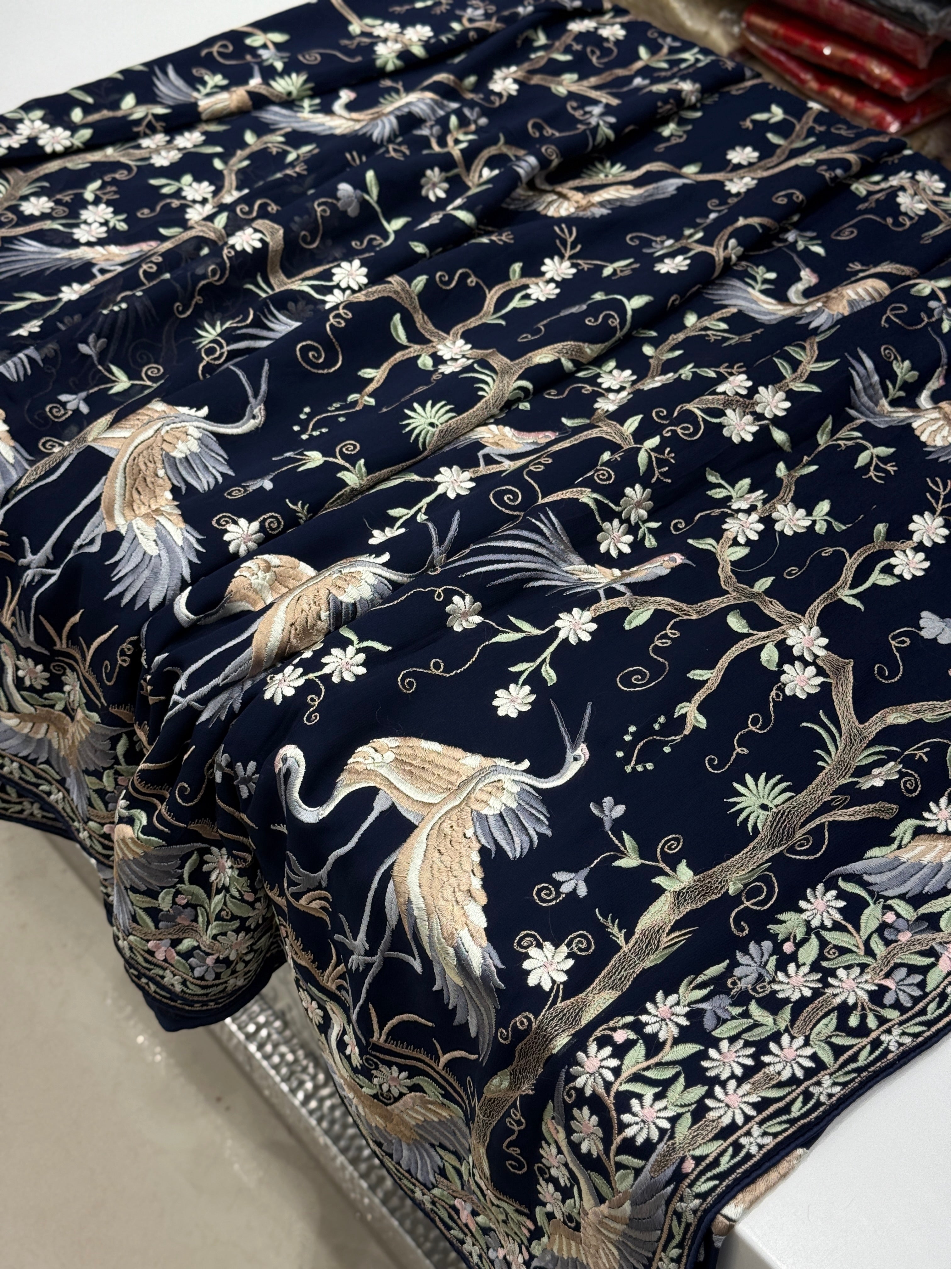 Blue Tree Of Life Flamingo Parsi Gara Saree