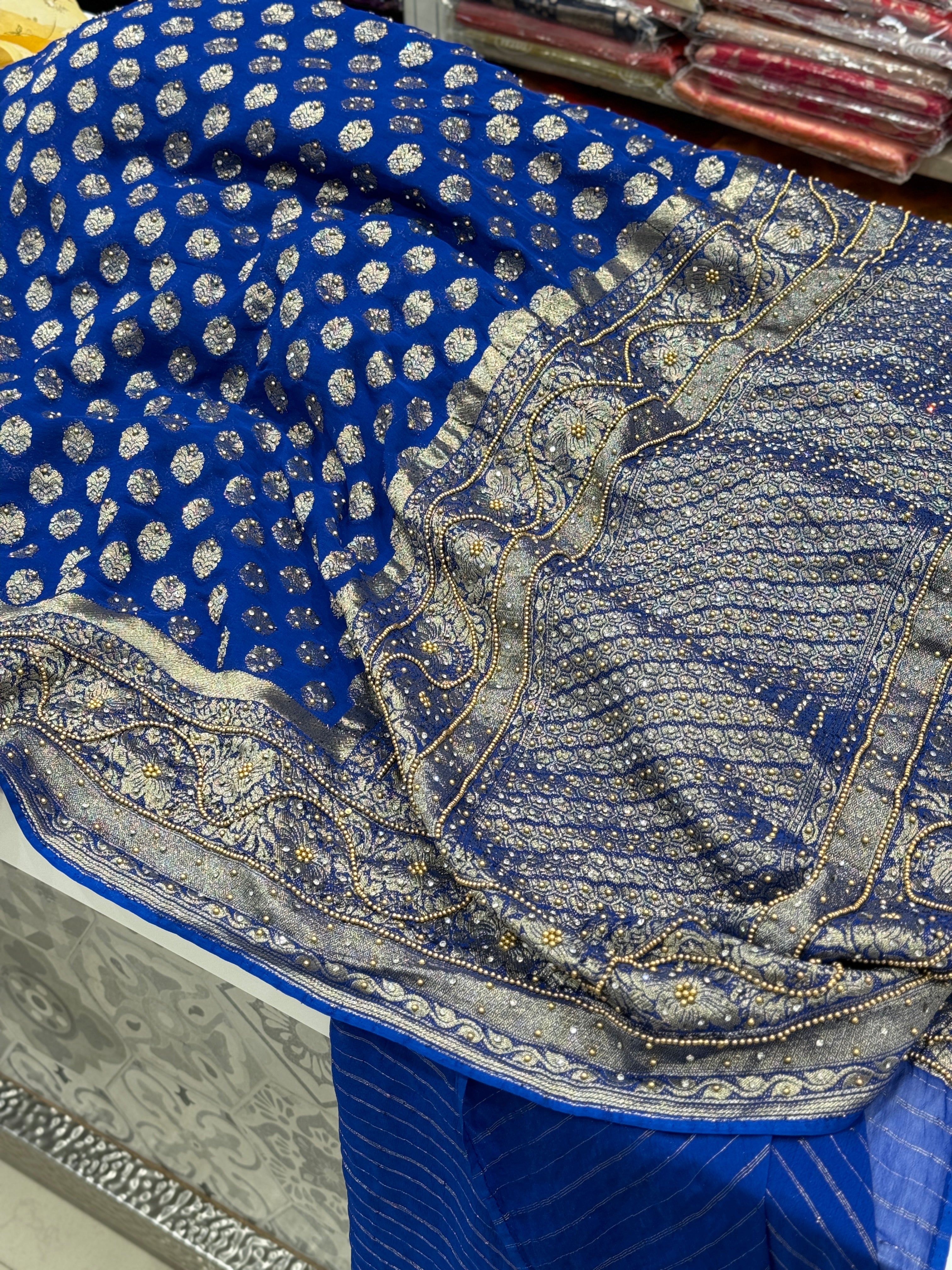 Royal Blue Banarasi Khaddi Georgette Hand Embroidery Saree
