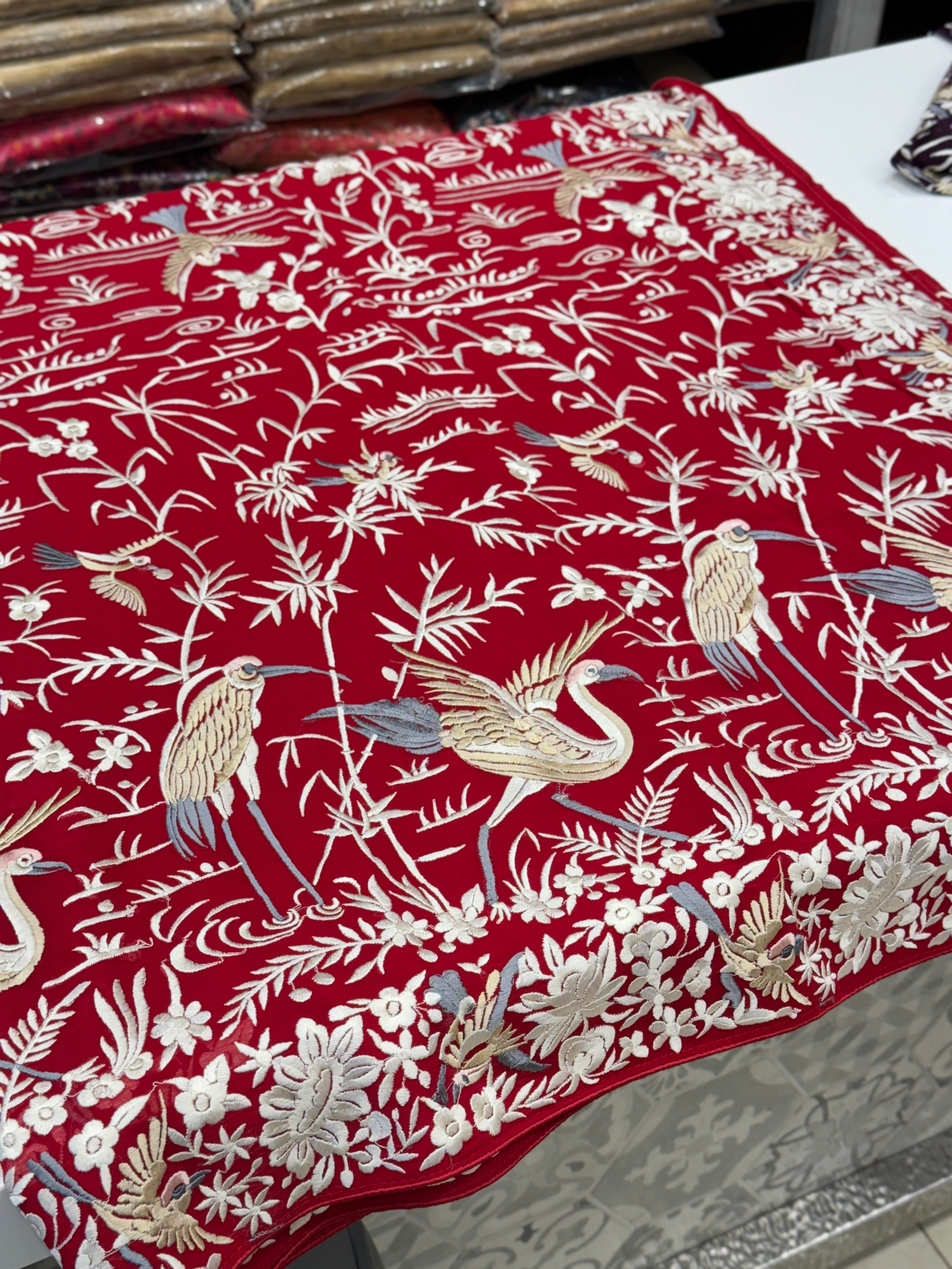 Red Georgette Parsi Gara with Bird Embroidery