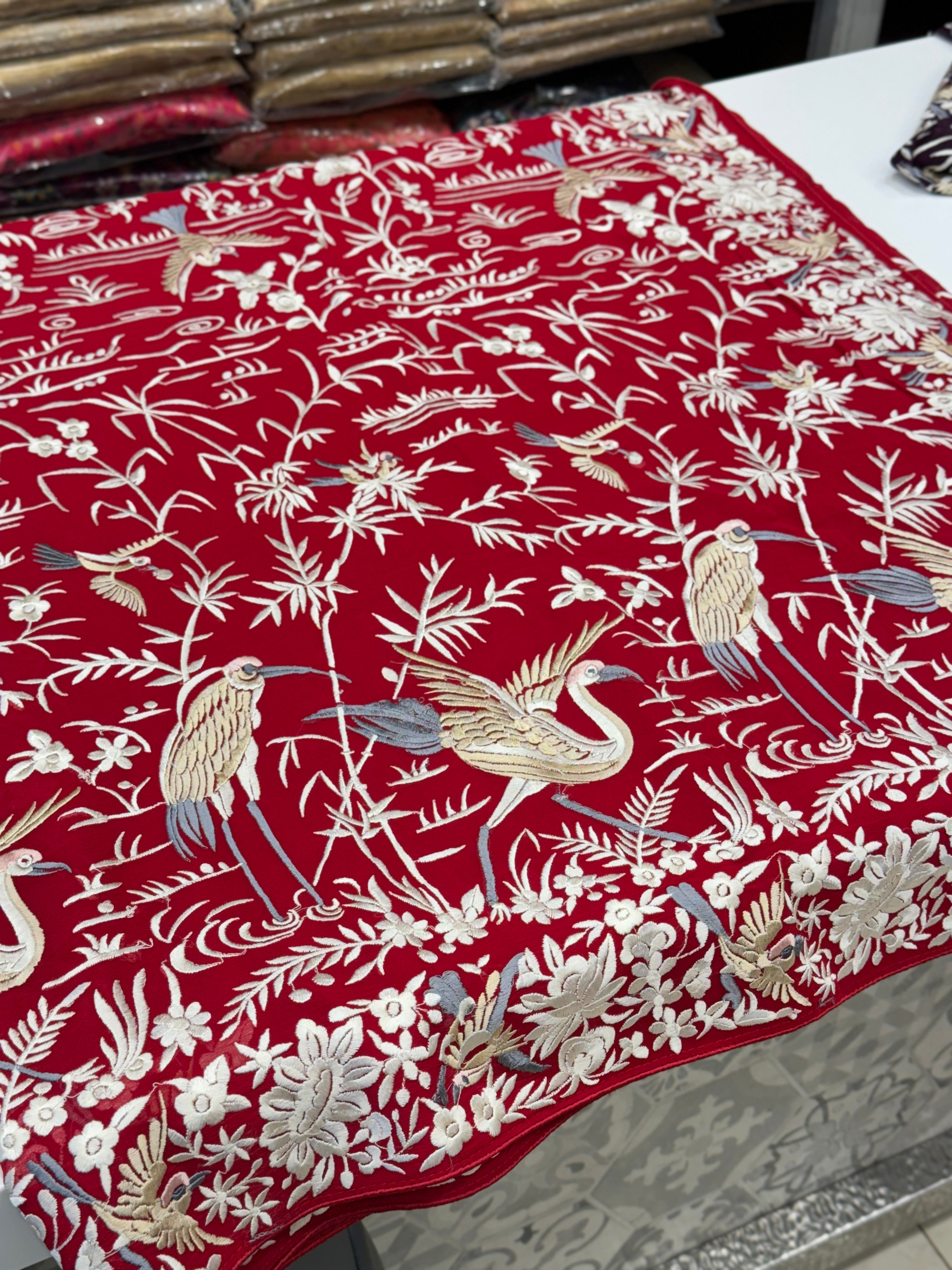Red Georgette Flying Flamingo Parsi Gara Saree
