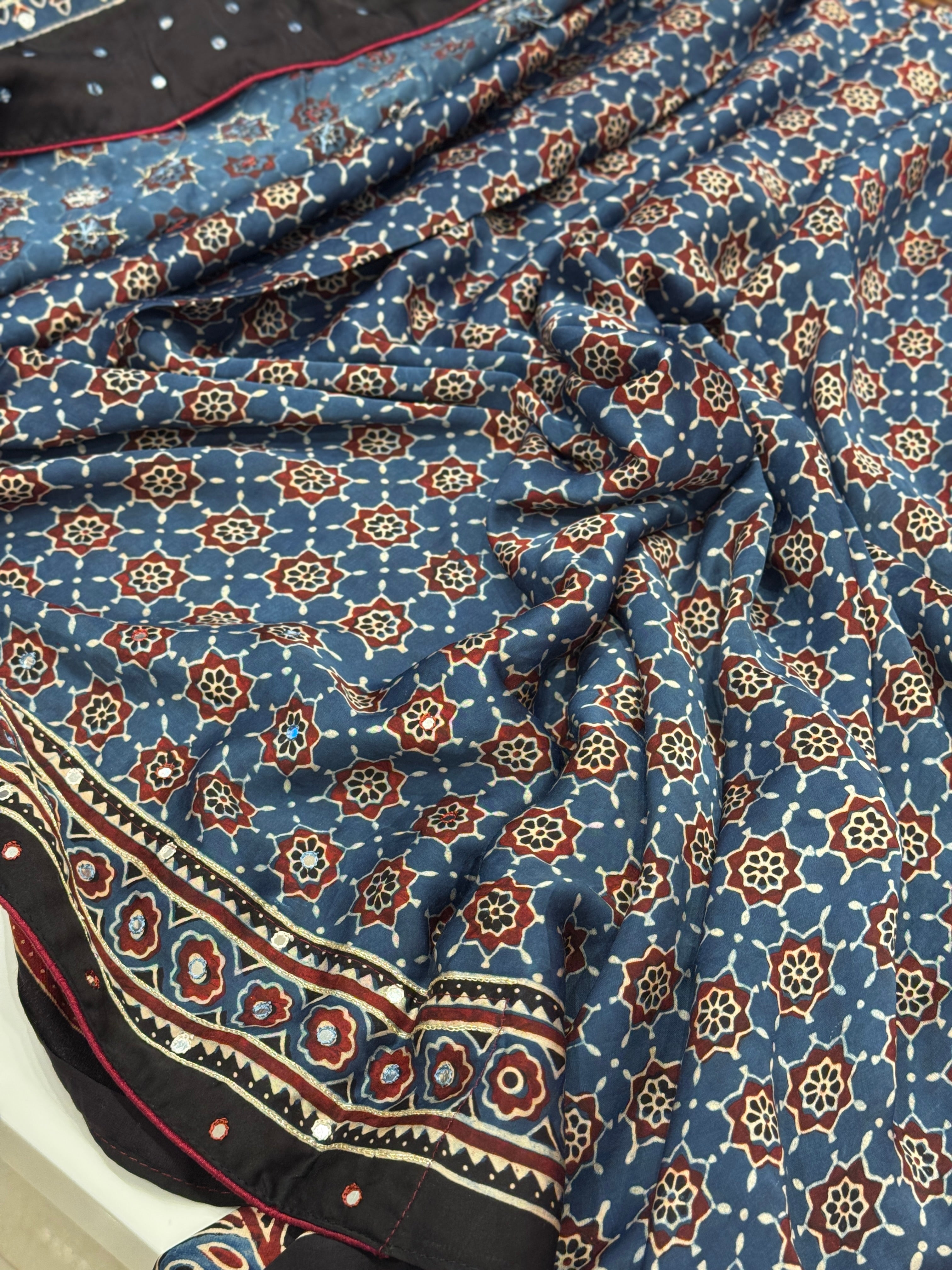 Black Buttis Ajrakh Mirror Hand Embroidery Saree