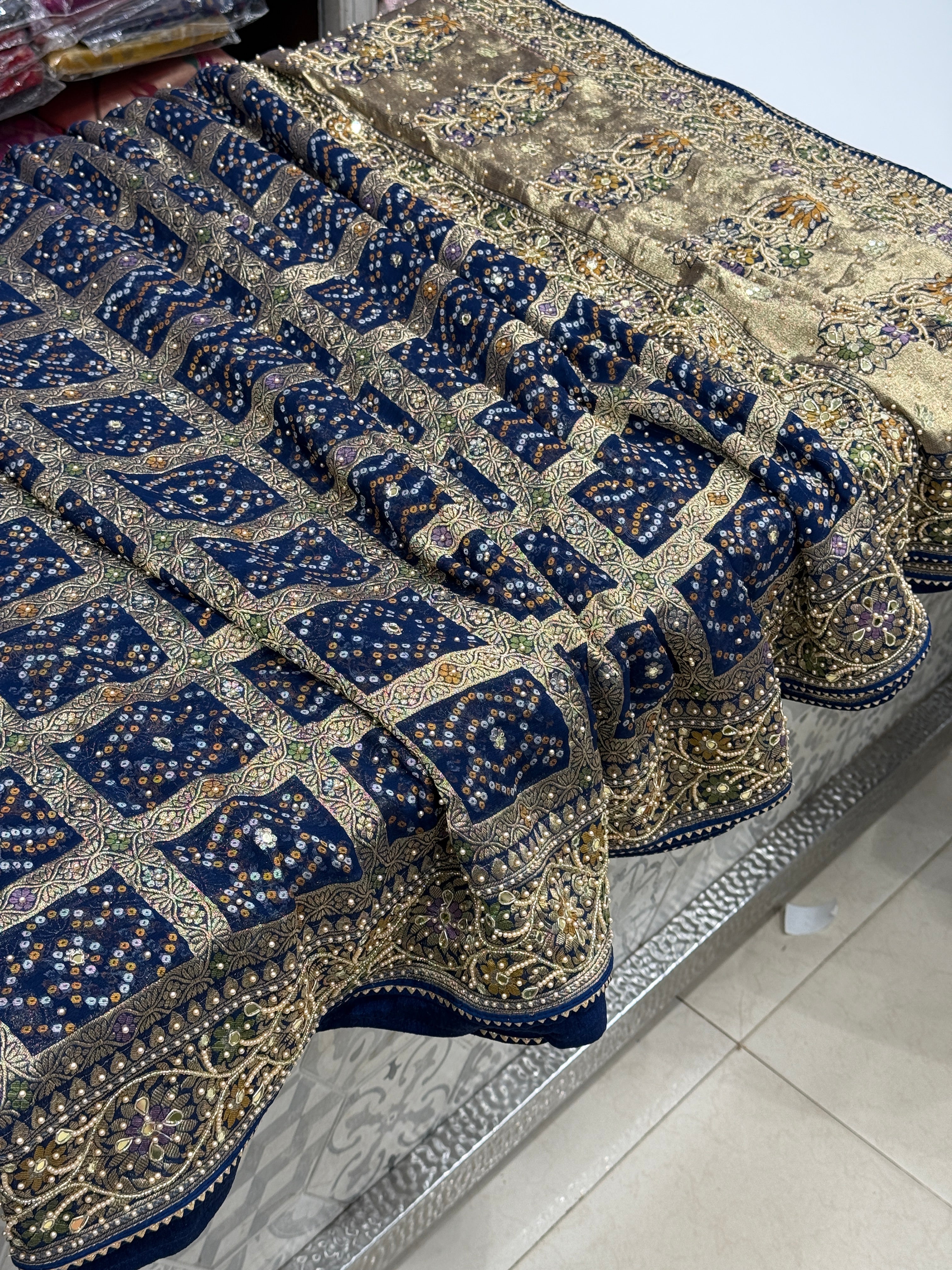 Blue Gharchola Meenakari Moti Hand Embroidery Saree