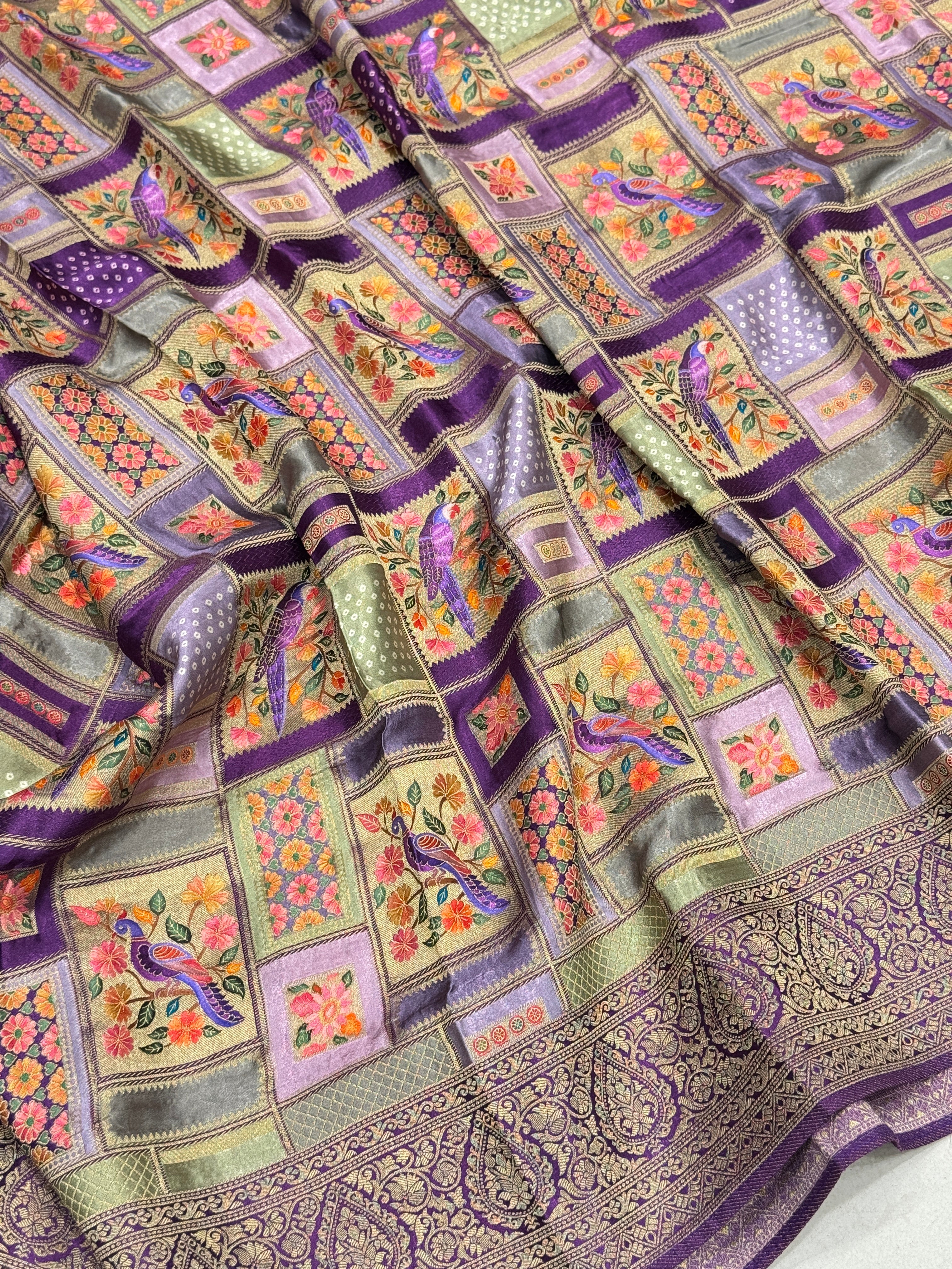 Violet Banarasi Modal Rangkat Satin Checkered Silk Saree