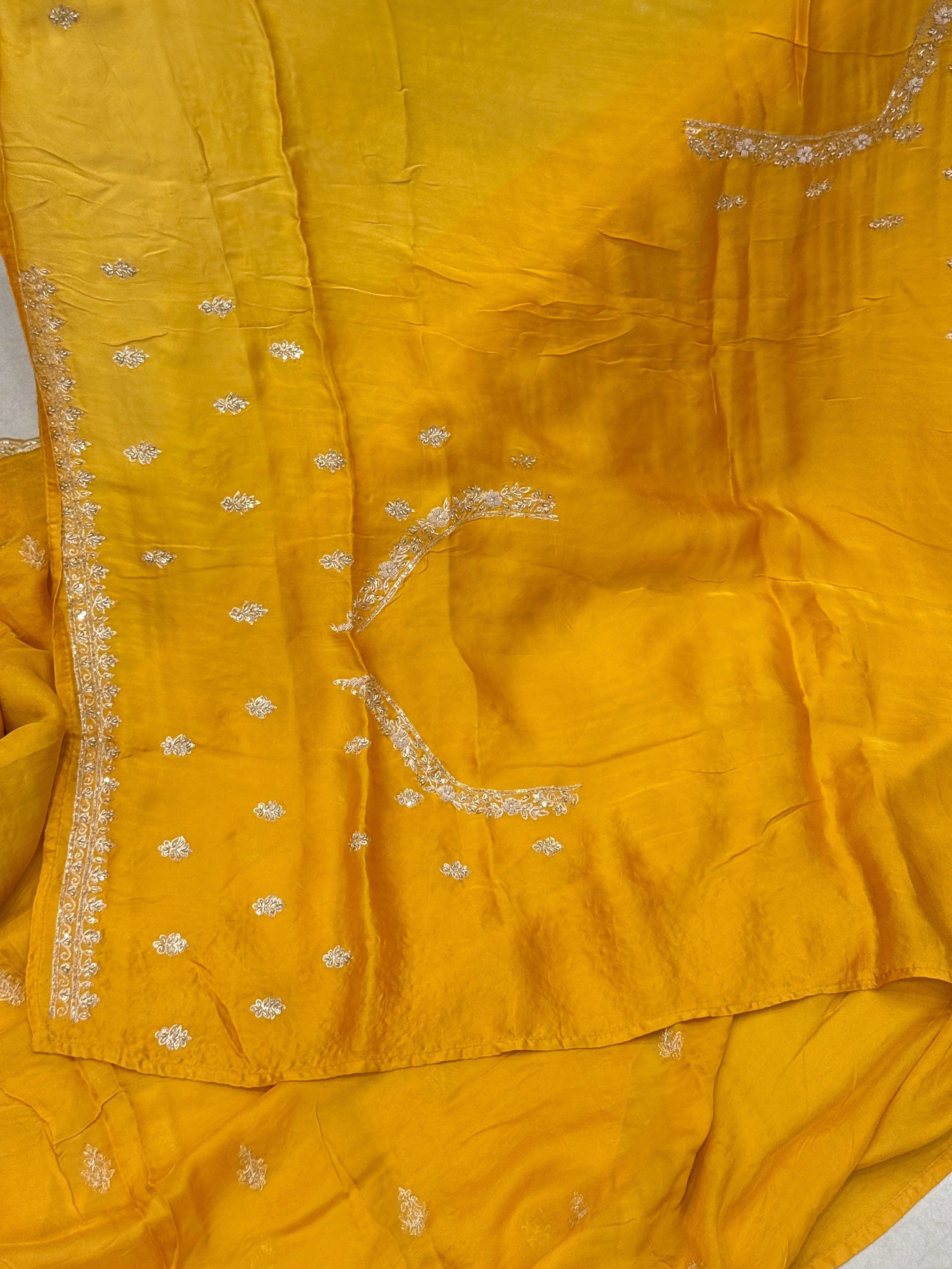 Mustard Yellow Buttis Pure Satin Hand Embroidery Zardosi Saree