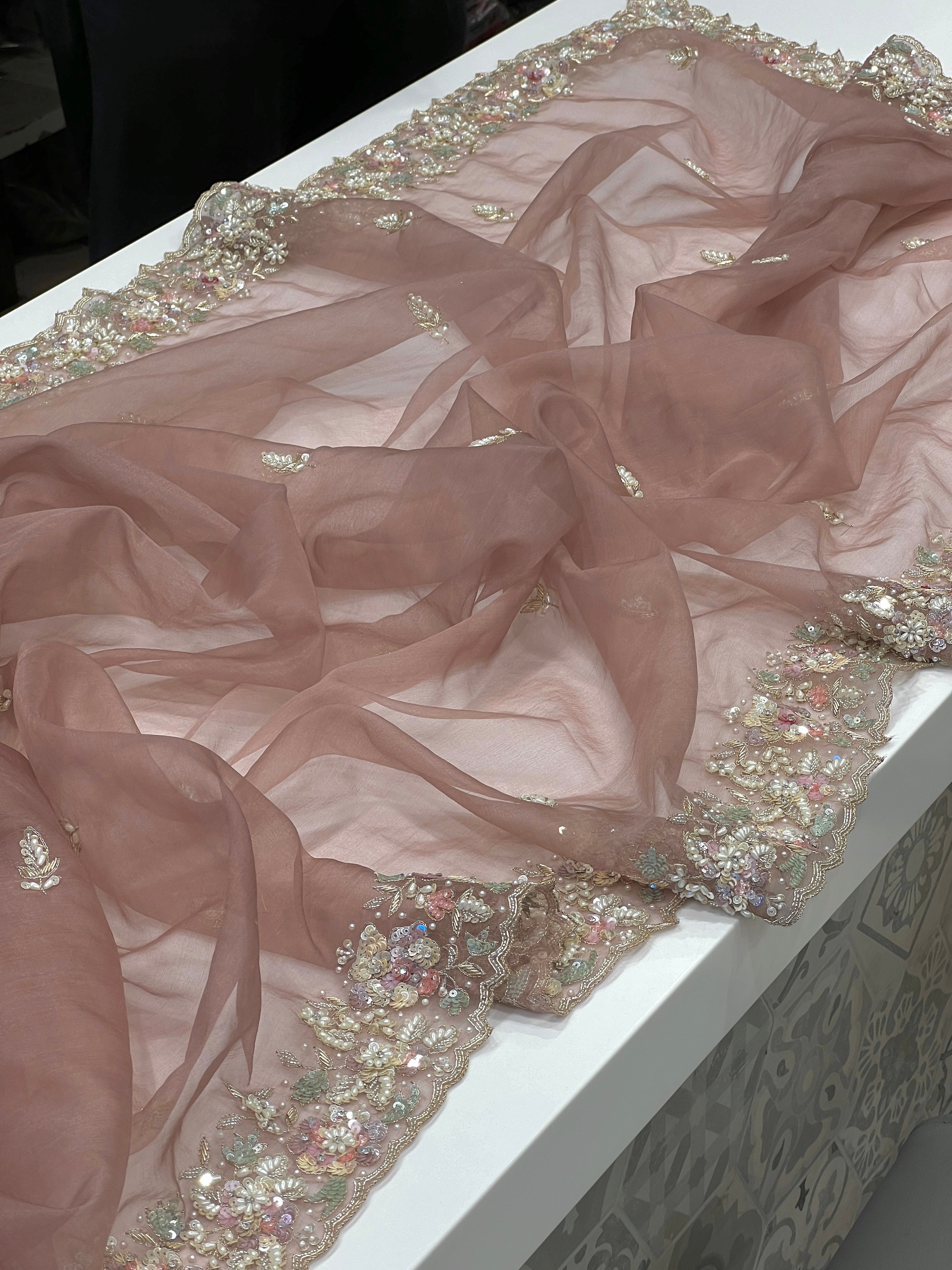 English Brown Organza Hand Embroidery Saree