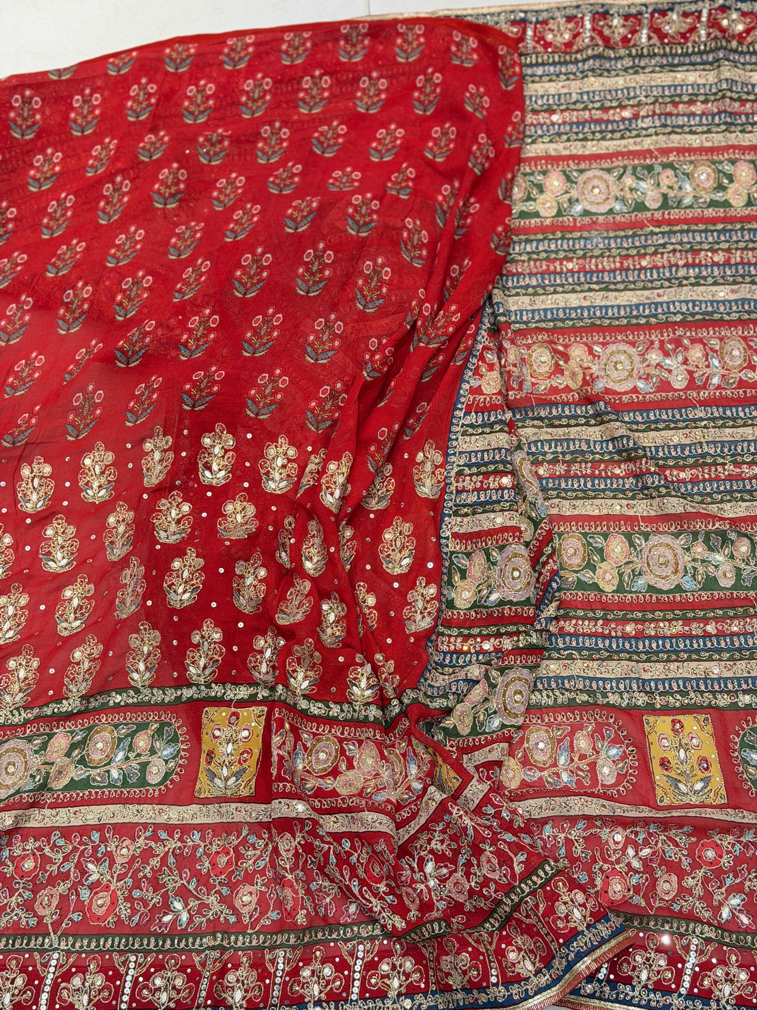 Red TT inspired Banarasi Crepe Hand Embroidery Saree