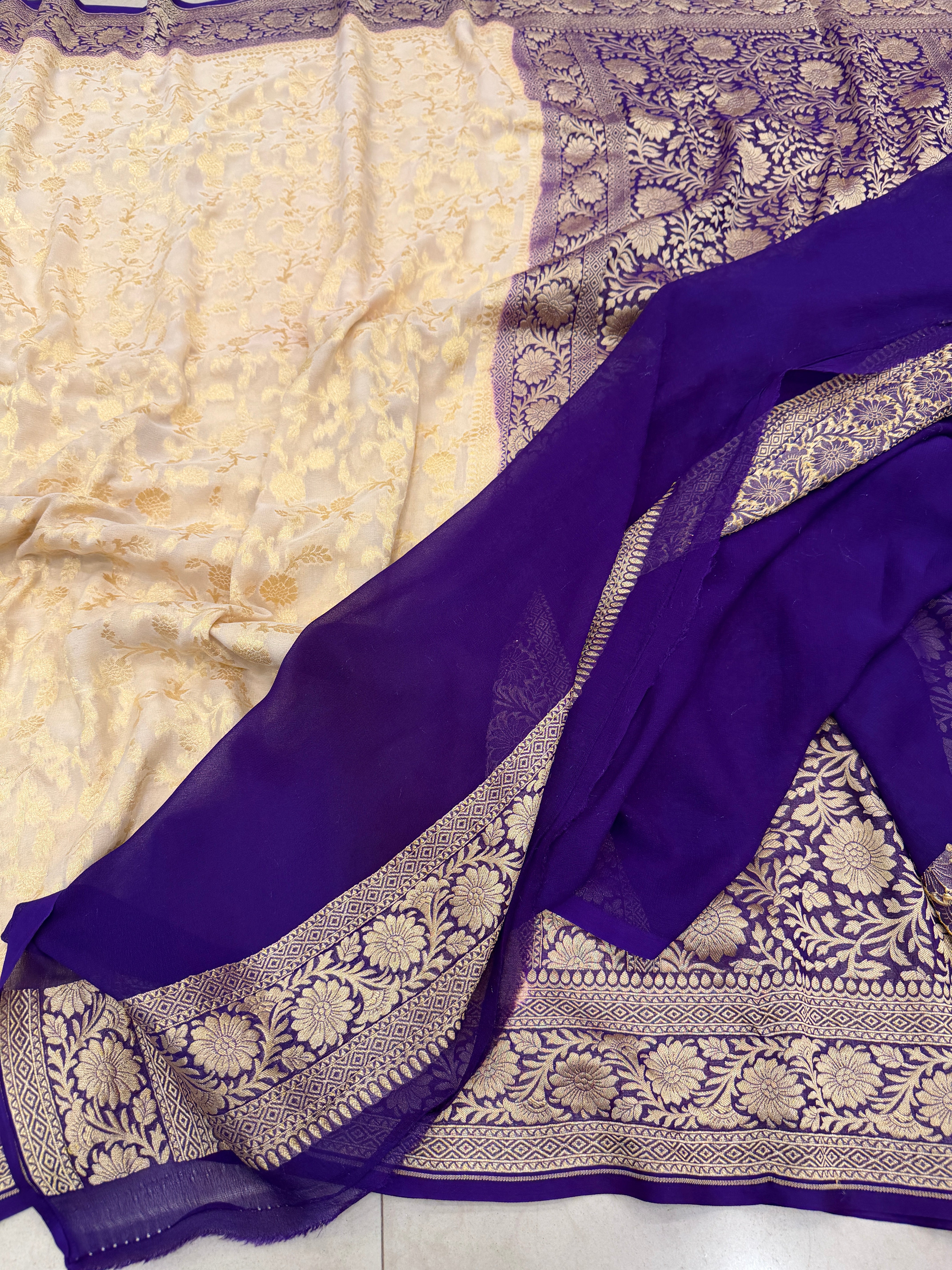 Beige Violet Mughal Jaal Handloom Banarasi Khaddi Georgette Saree