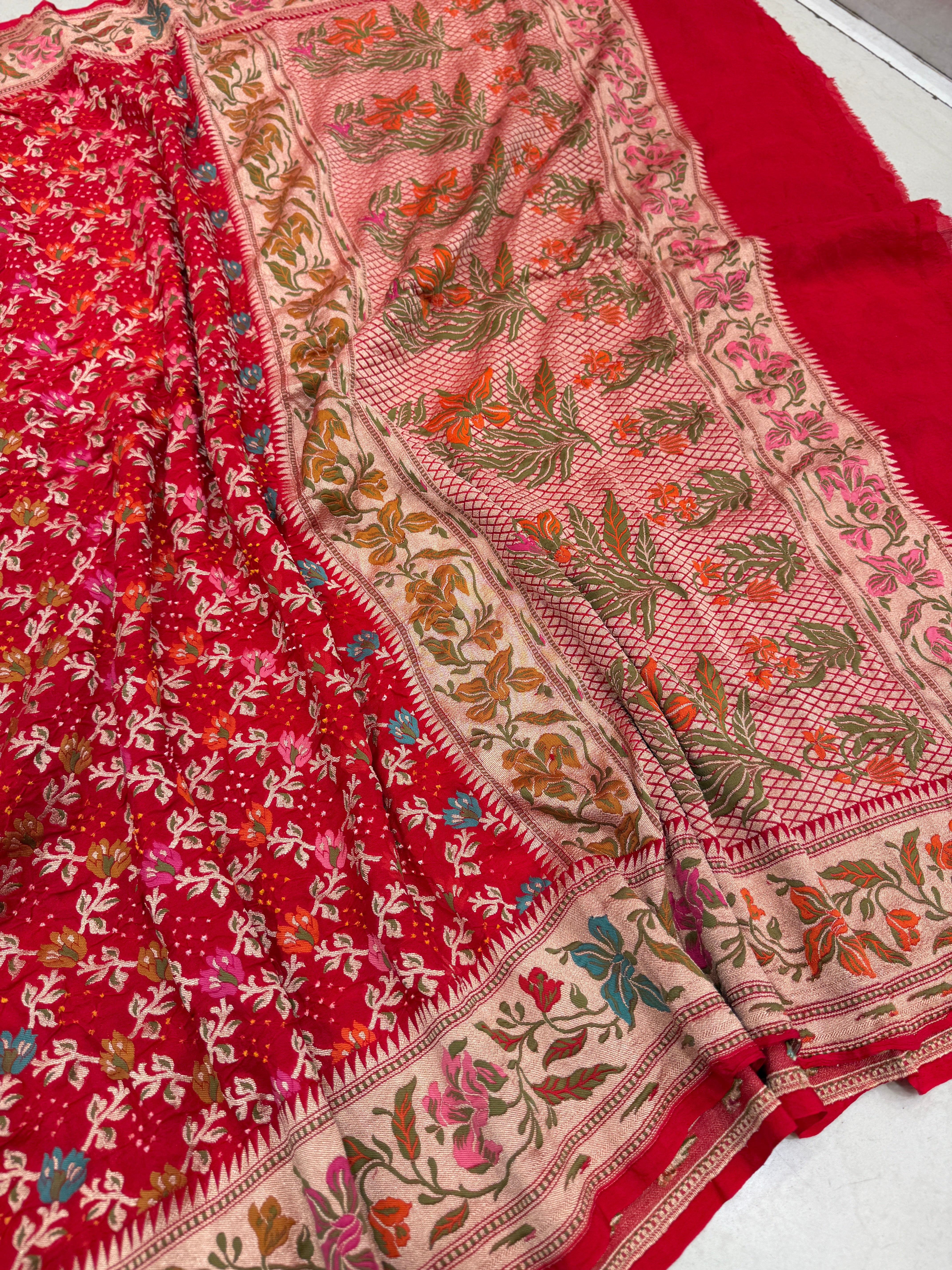 Red Meenakari Floral Jaal Rai Bandhej Georgette Bandhini Saree