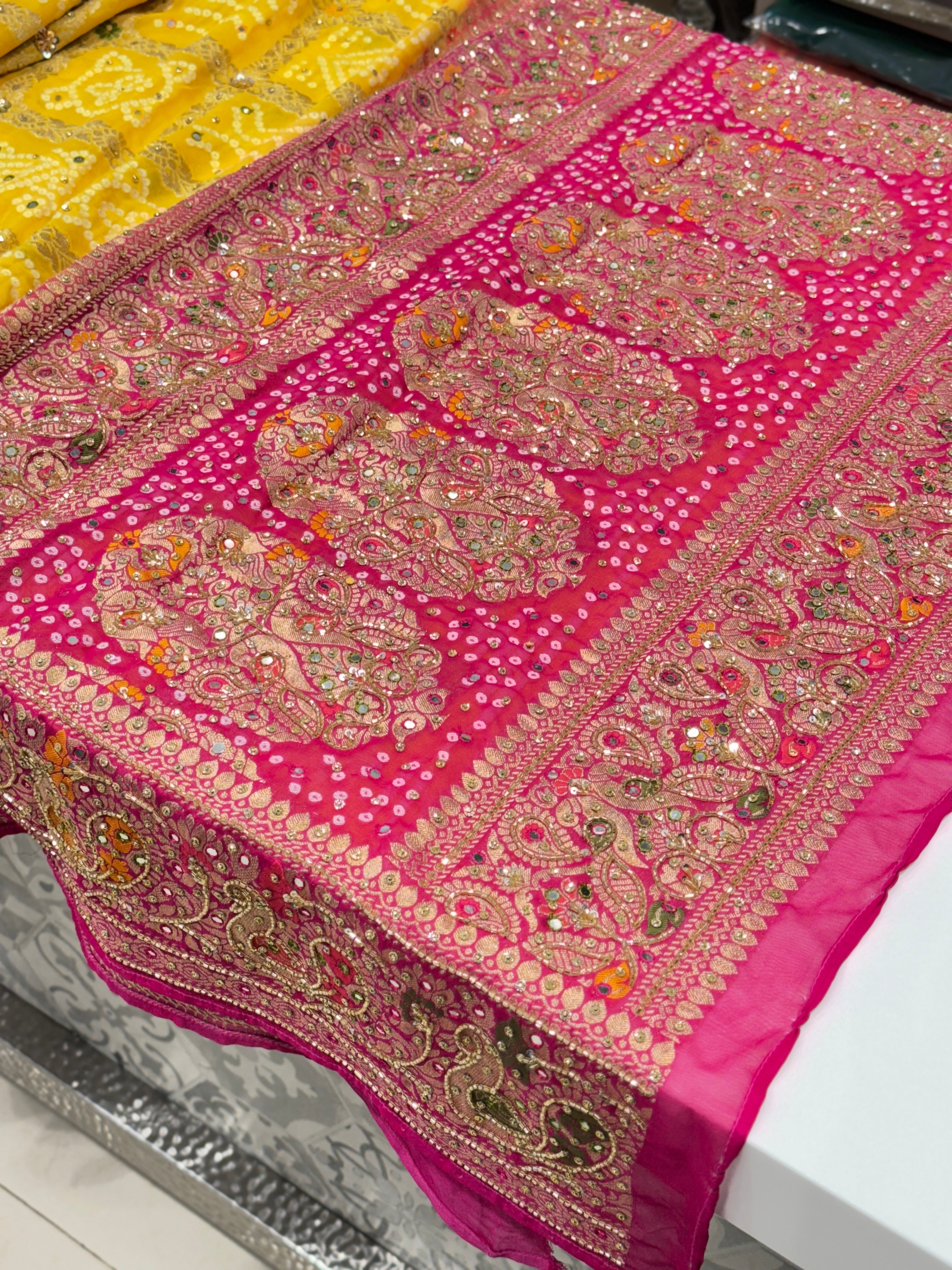 Yellow Rani Gharchola Embroidery Saree