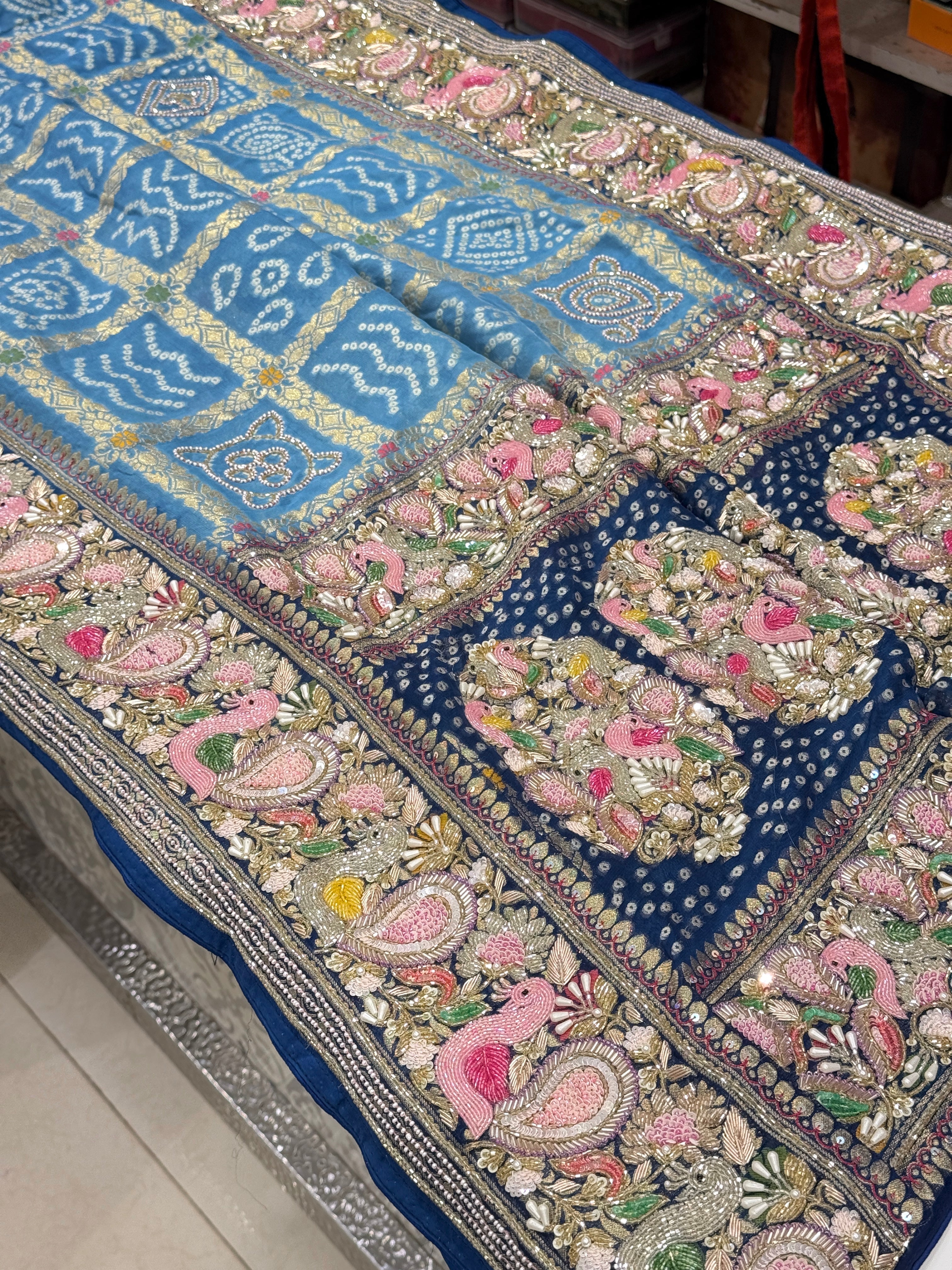 Shaded Blue Gharchola Moti Sequin Zardosi Hand Embroidery Georgette Saree