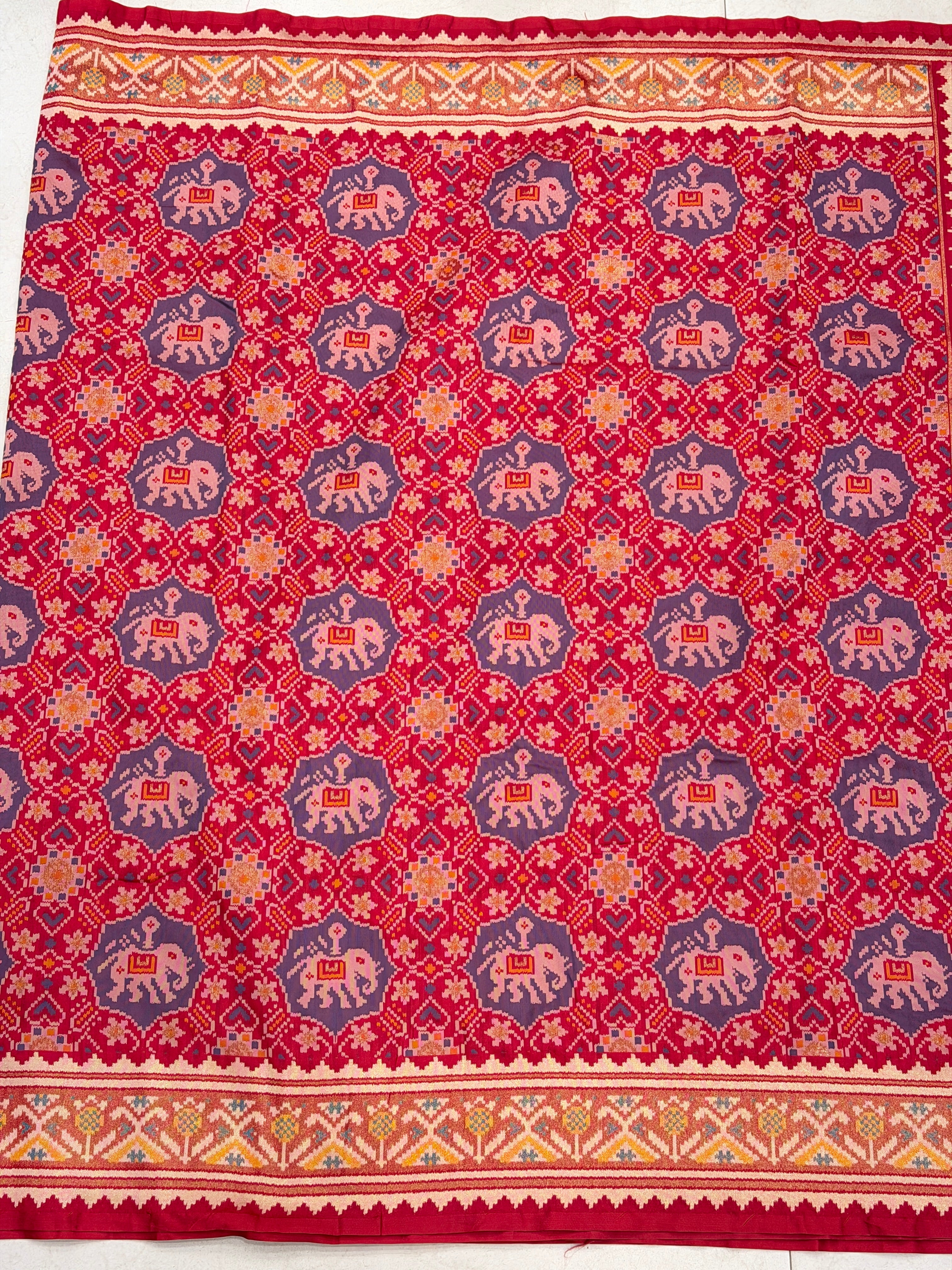 Red Nari Kunjar Elephant Motif Semi Silk Weaved Patan Patola Saree