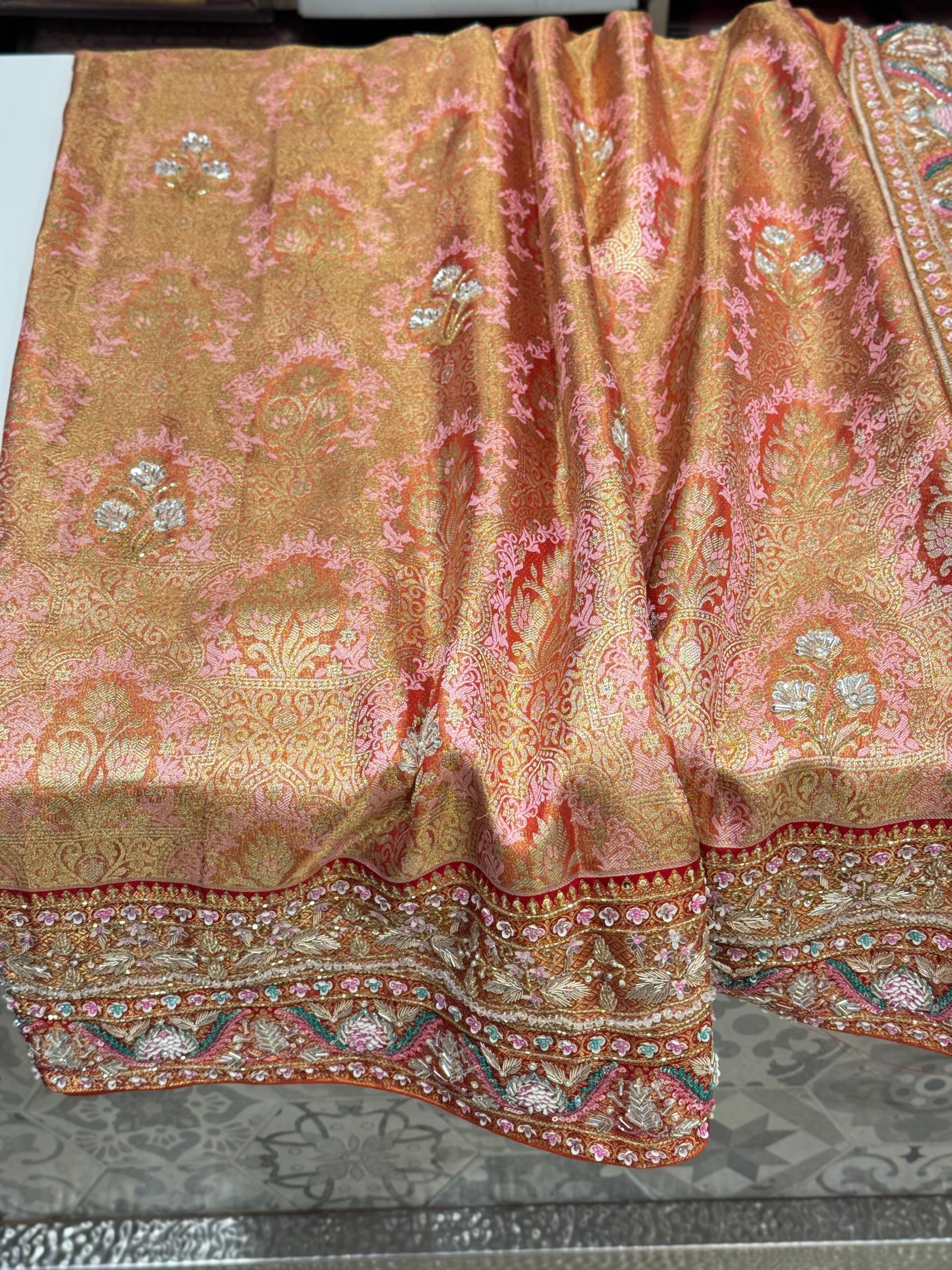Pink Red Jaal Tissue Kanjivaram Hand Embroidery Saree