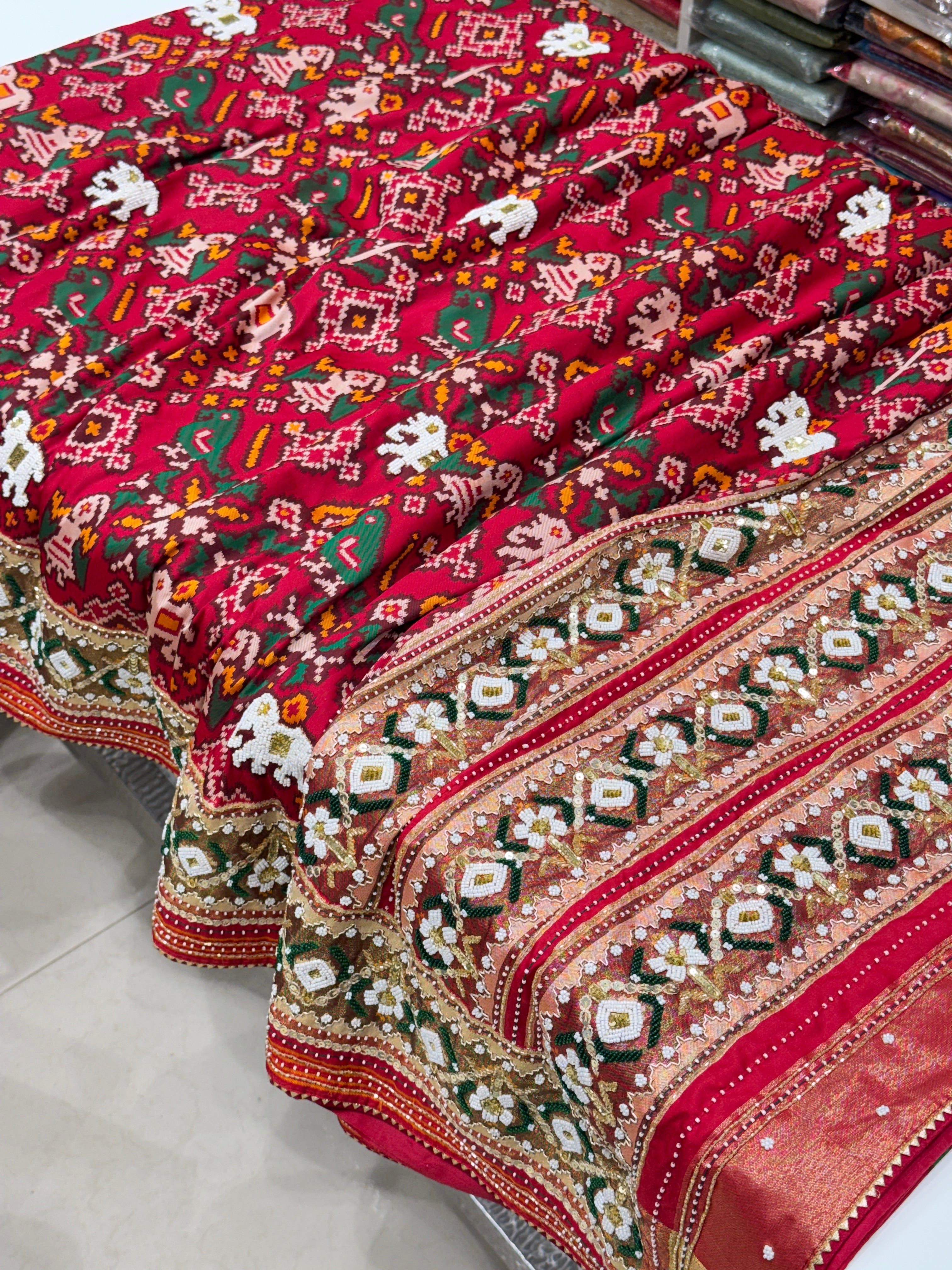 Red Patola Chhabdi Bhat Kidiya Moti Hand Embroidery Patola Saree