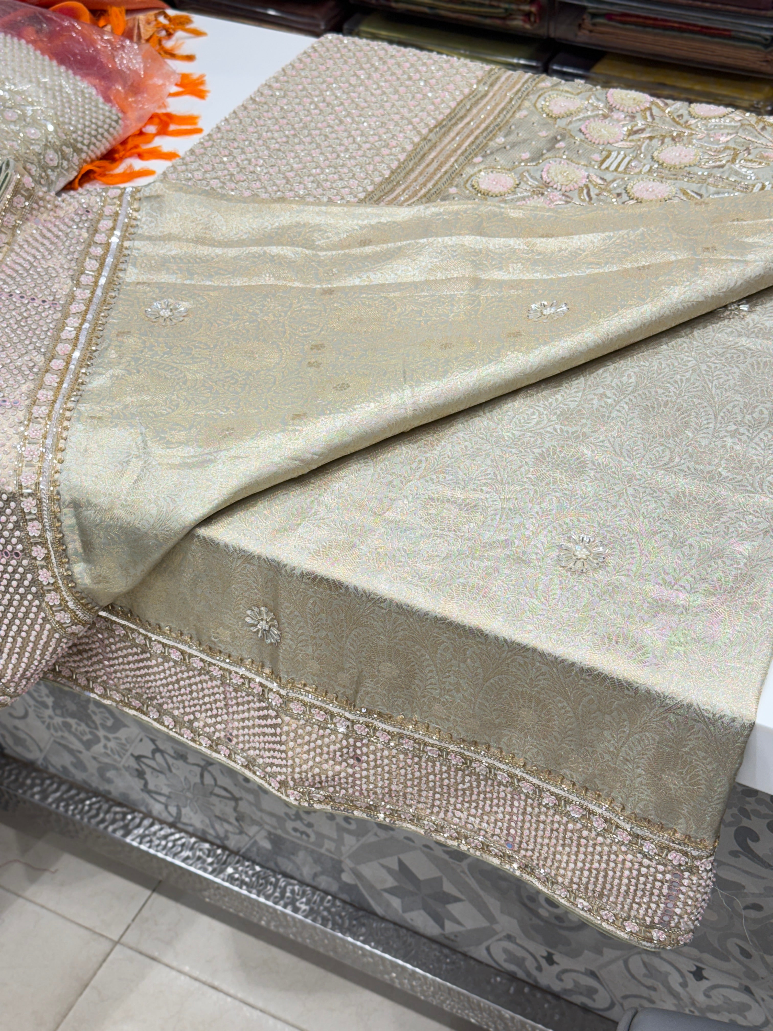 Sage Green Contemporary Tissue Jaal Kanjivaram Hand Embroidery Saree