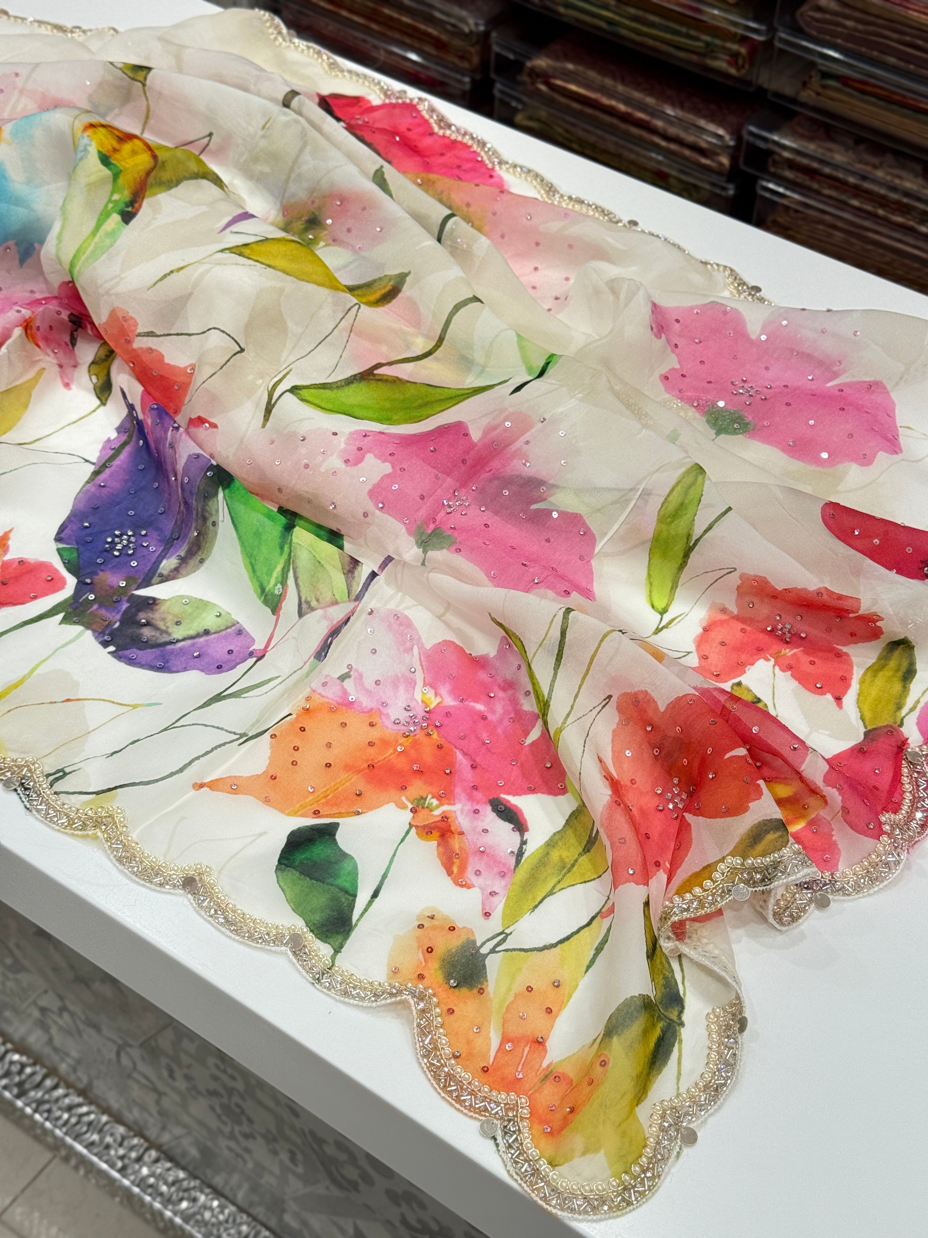 Multi Colour Print Muslin Border Hand Embroidery Saree