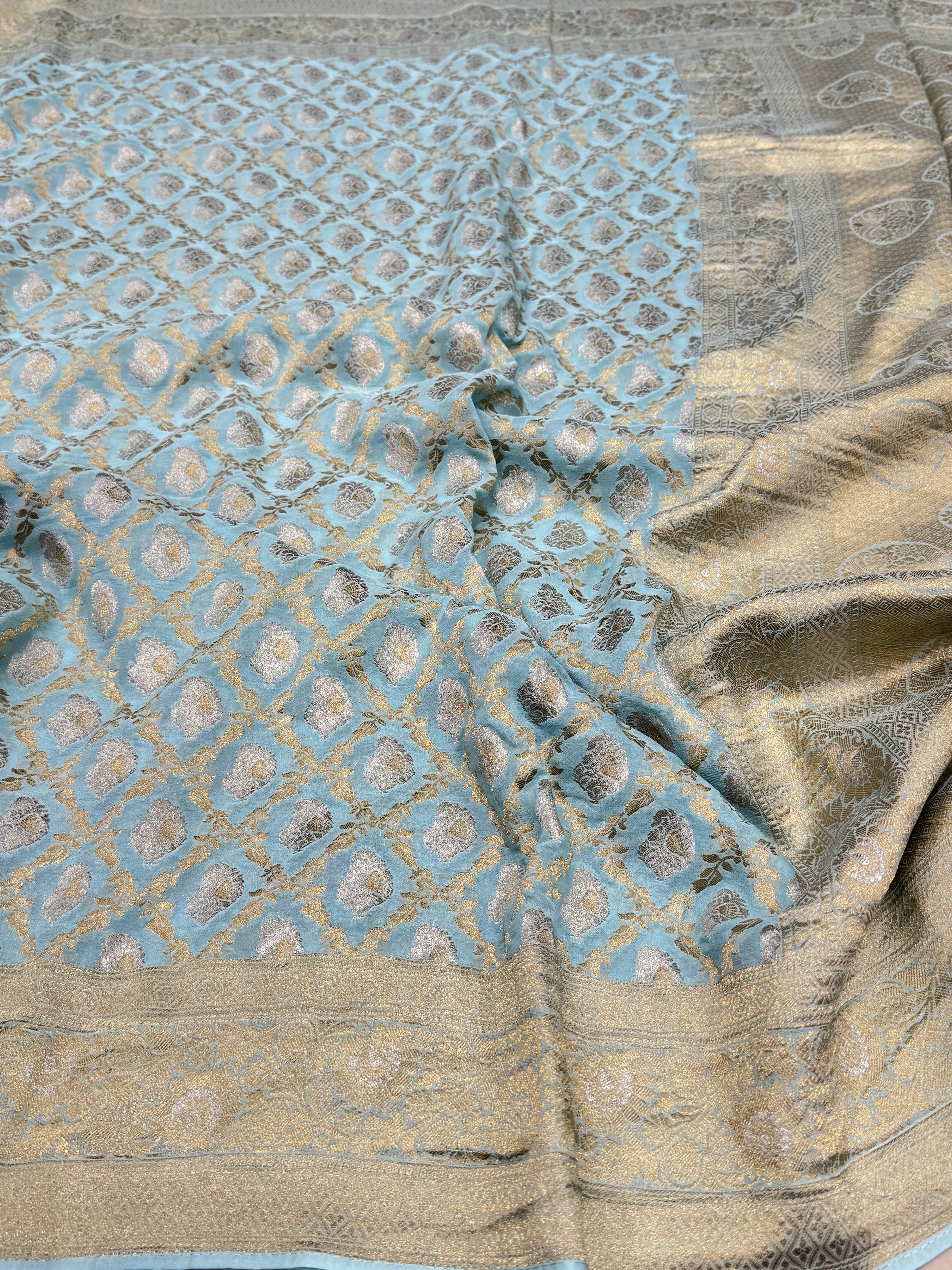 Light Blue Sliver Butta with Gold Georgette Saree