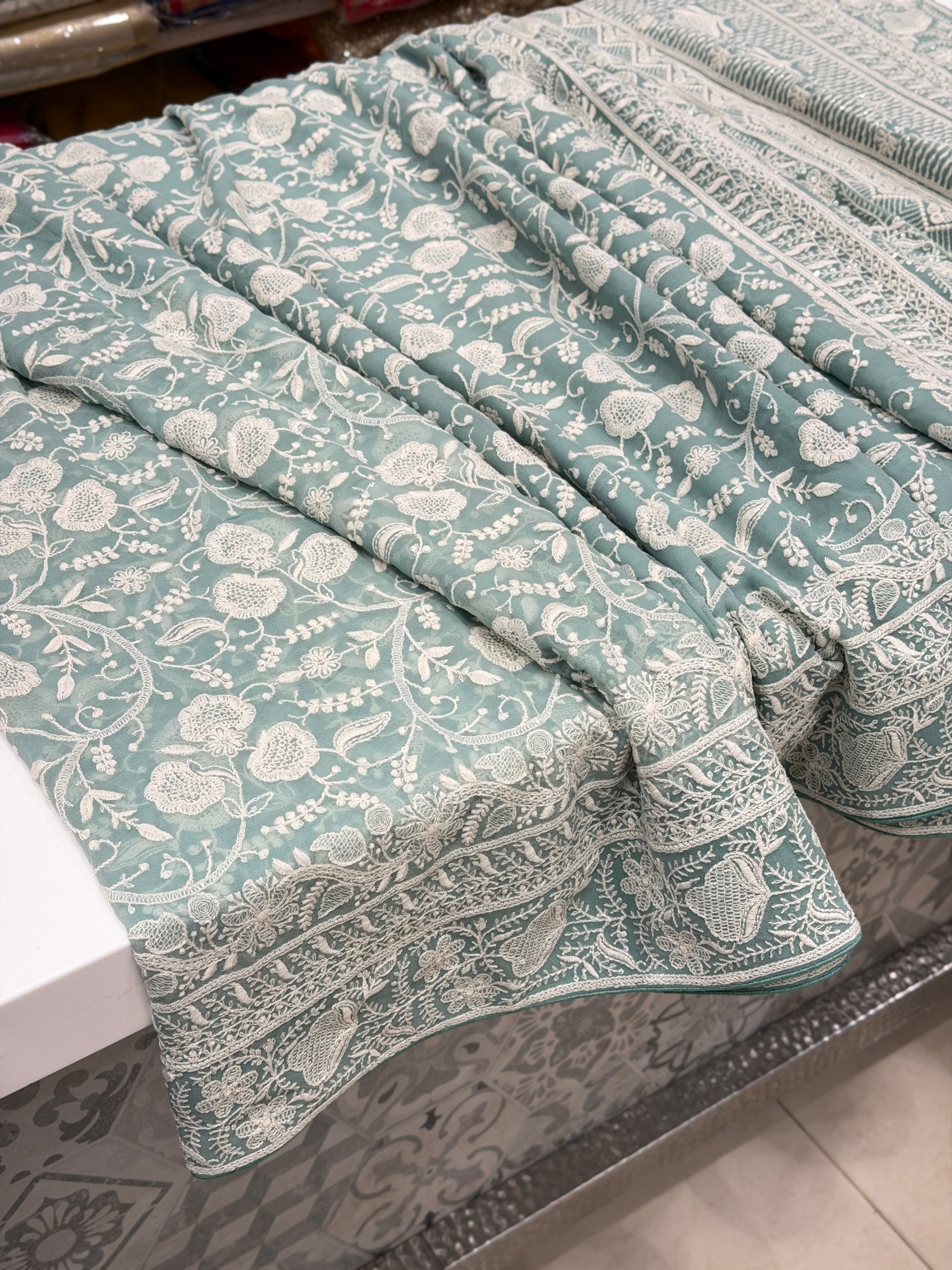 Mint Green Georgette Chikankari Three Floral Jaal Resham Embroidery Saree