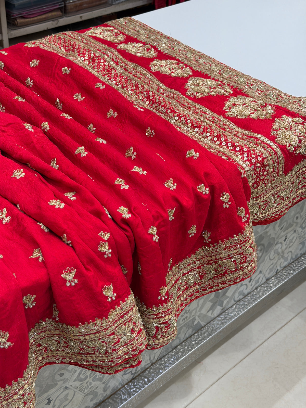 Red Sabyasachi Inspired Matka Silk Marodi Zardosi Buttis Saree