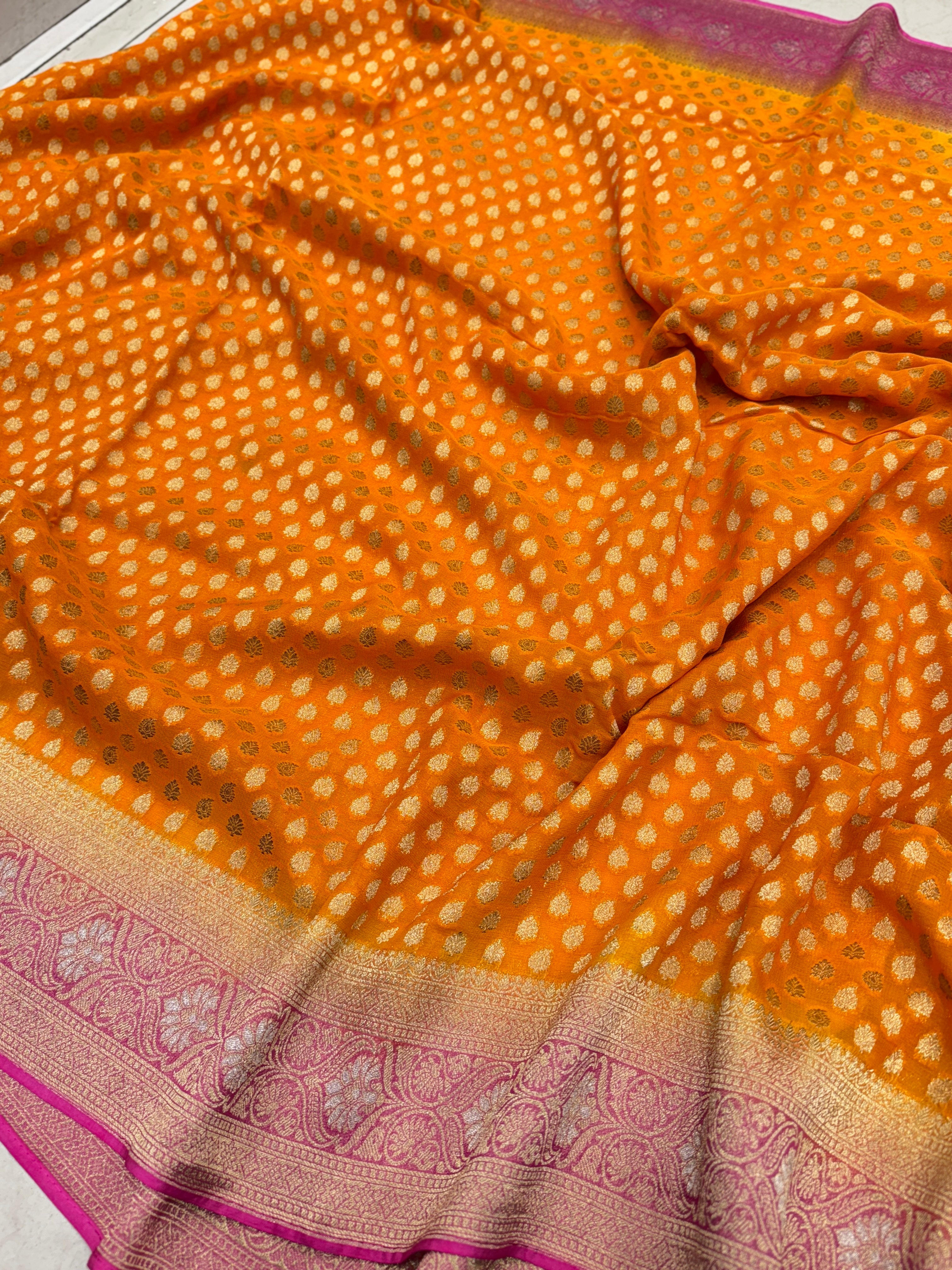 Orange Rani Banarasi Georgette Butti Saree