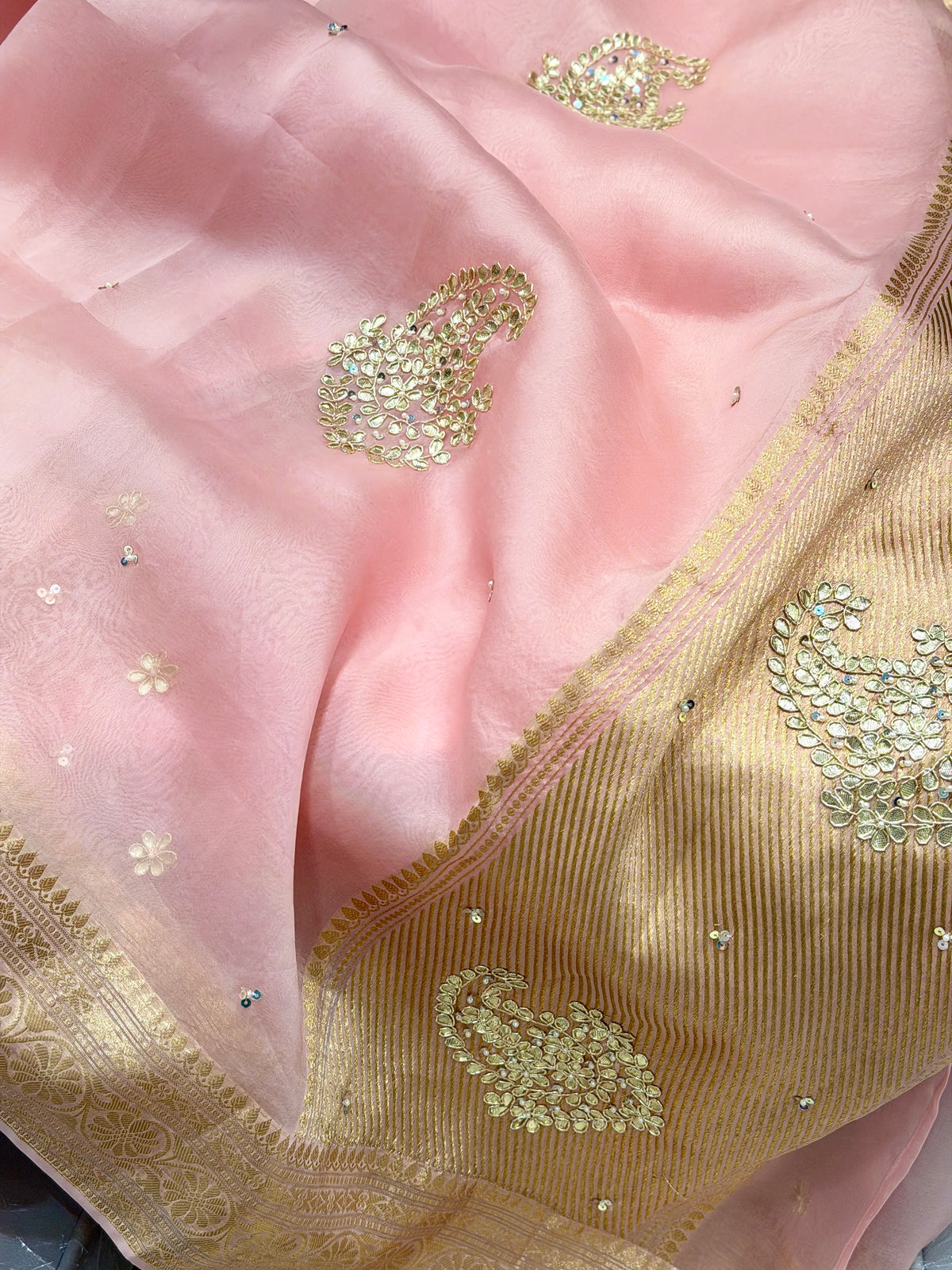 Pink Banarasi Kora Hand Embroidery Gotapatti Butta Saree
