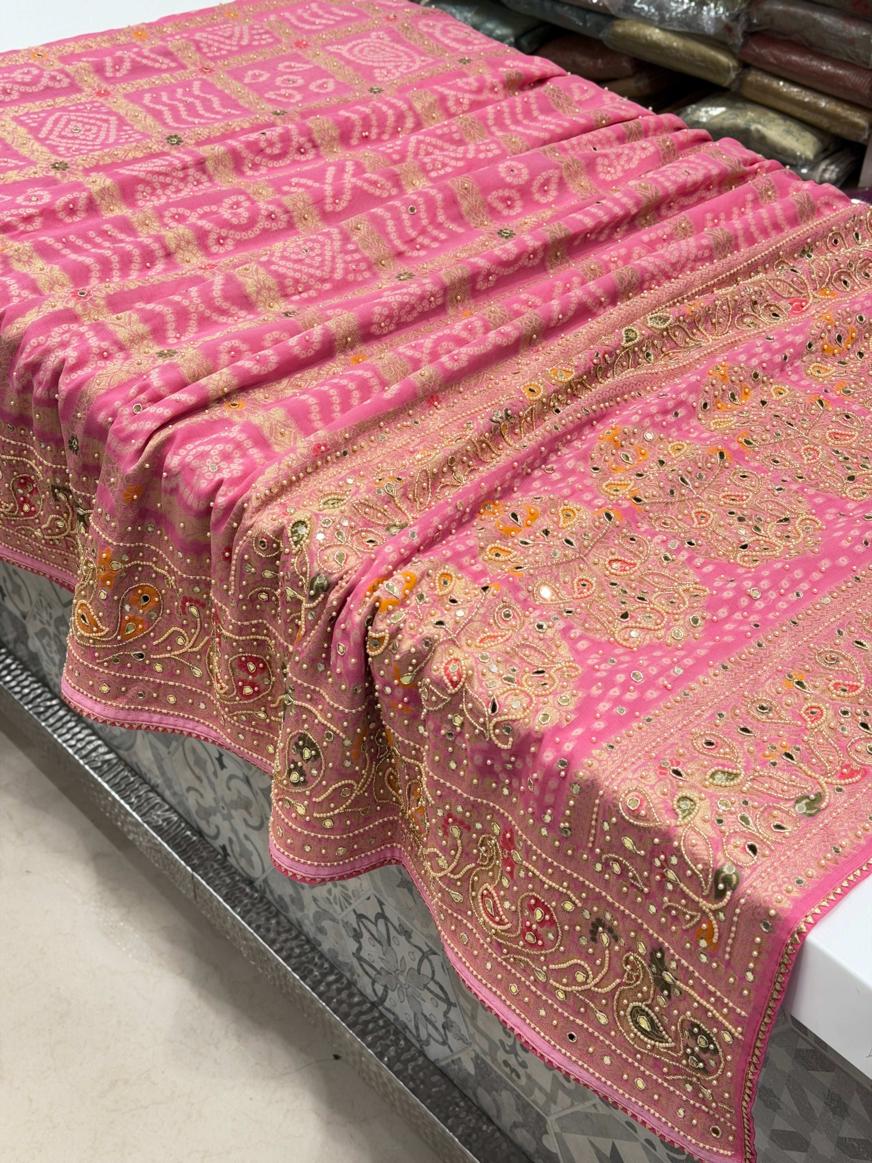 Pink Gharchola Moti Hand Embroidery Saree