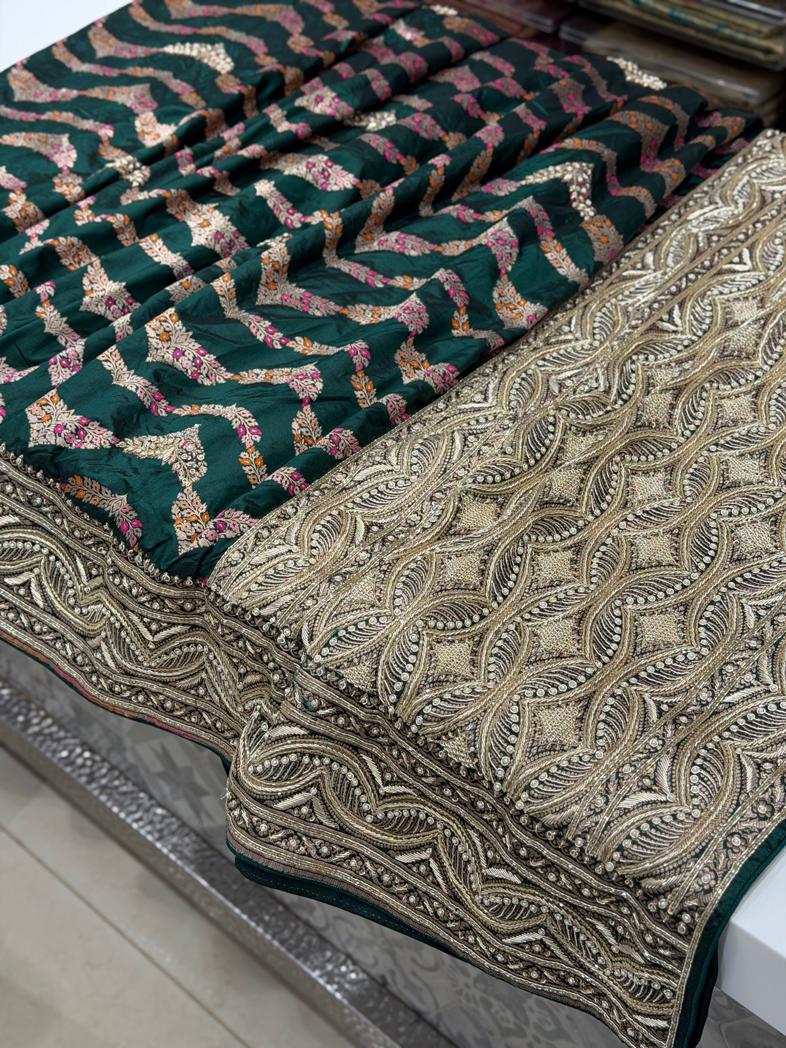 Bottle Green Meenakari Handloom Banarasi Katan Silk Zardosi Hand Embroidery Saree