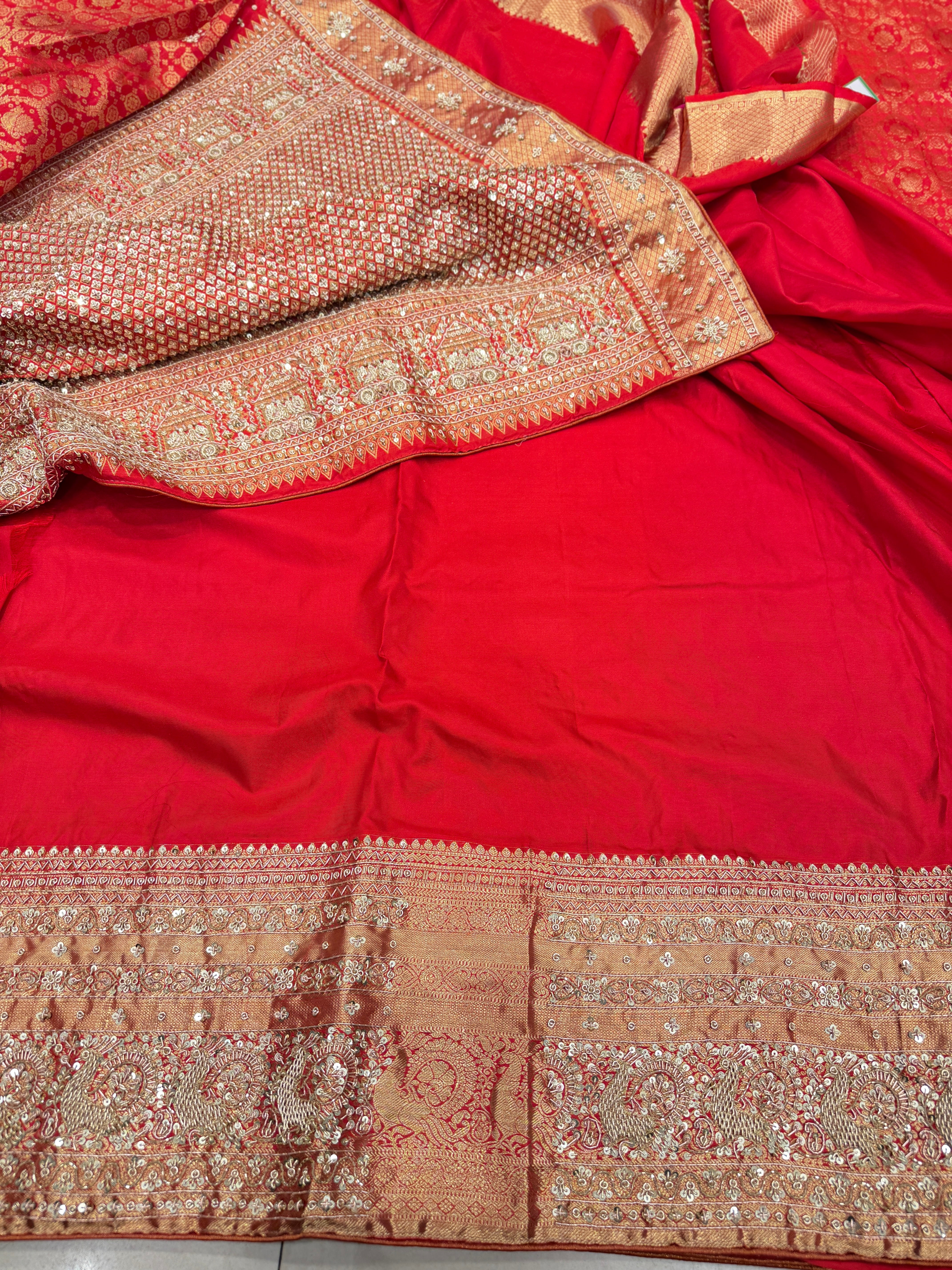 Red Kanjivaram Peacock Motif Hand Embroidery Zardosi Saree
