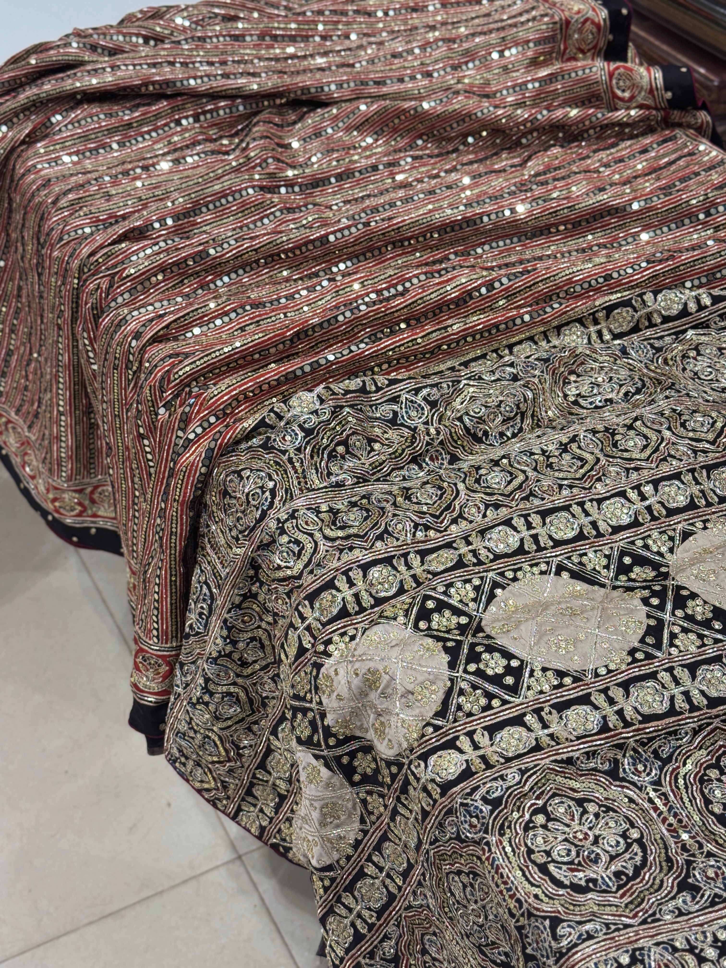 Red Contemporary Mirror Ajrakh Hand Embroidery Saree