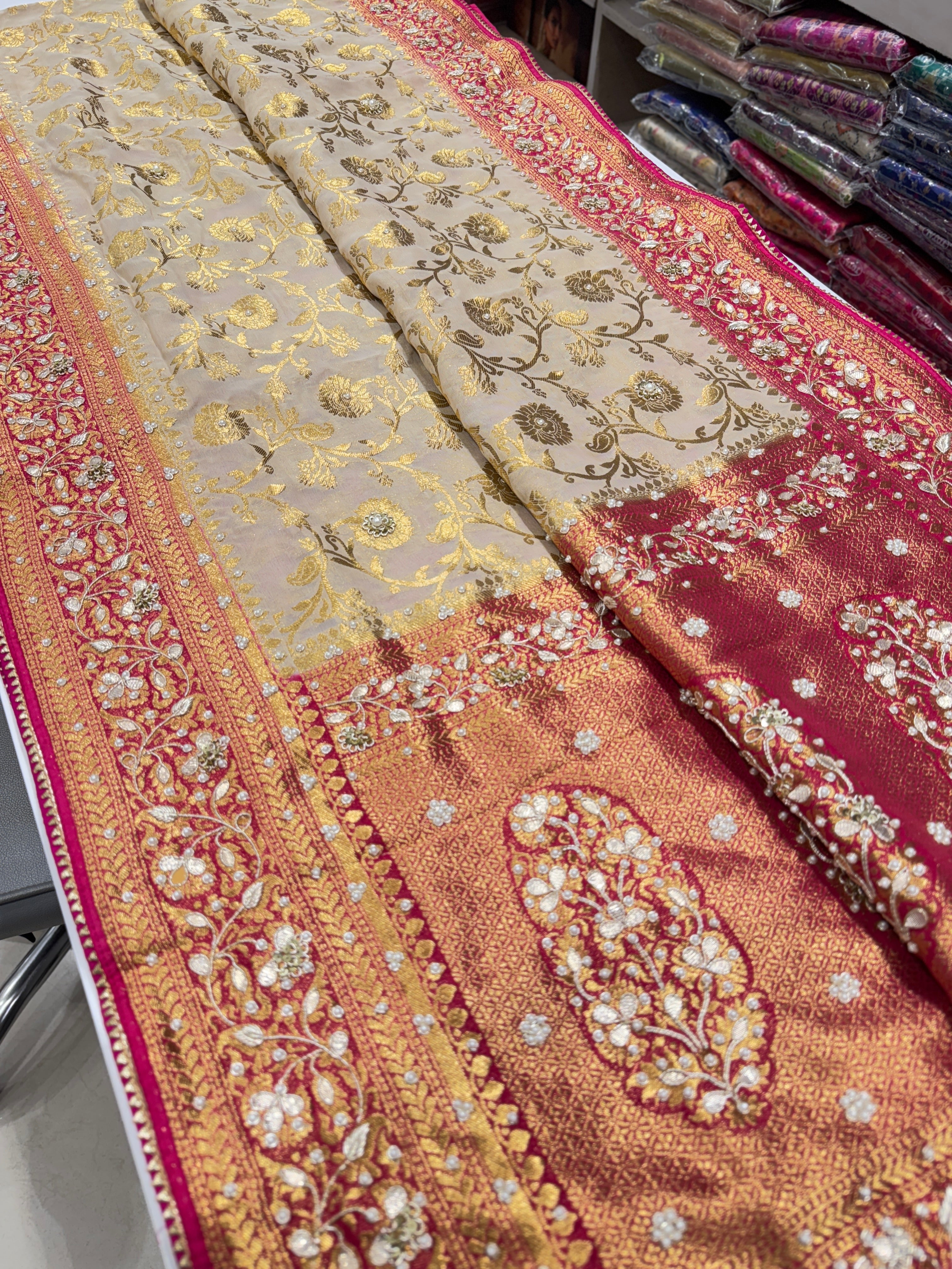 Beige Rani Banarasi Khaddi Georgette Baghban Jaal Zardosi Embroidery Saree