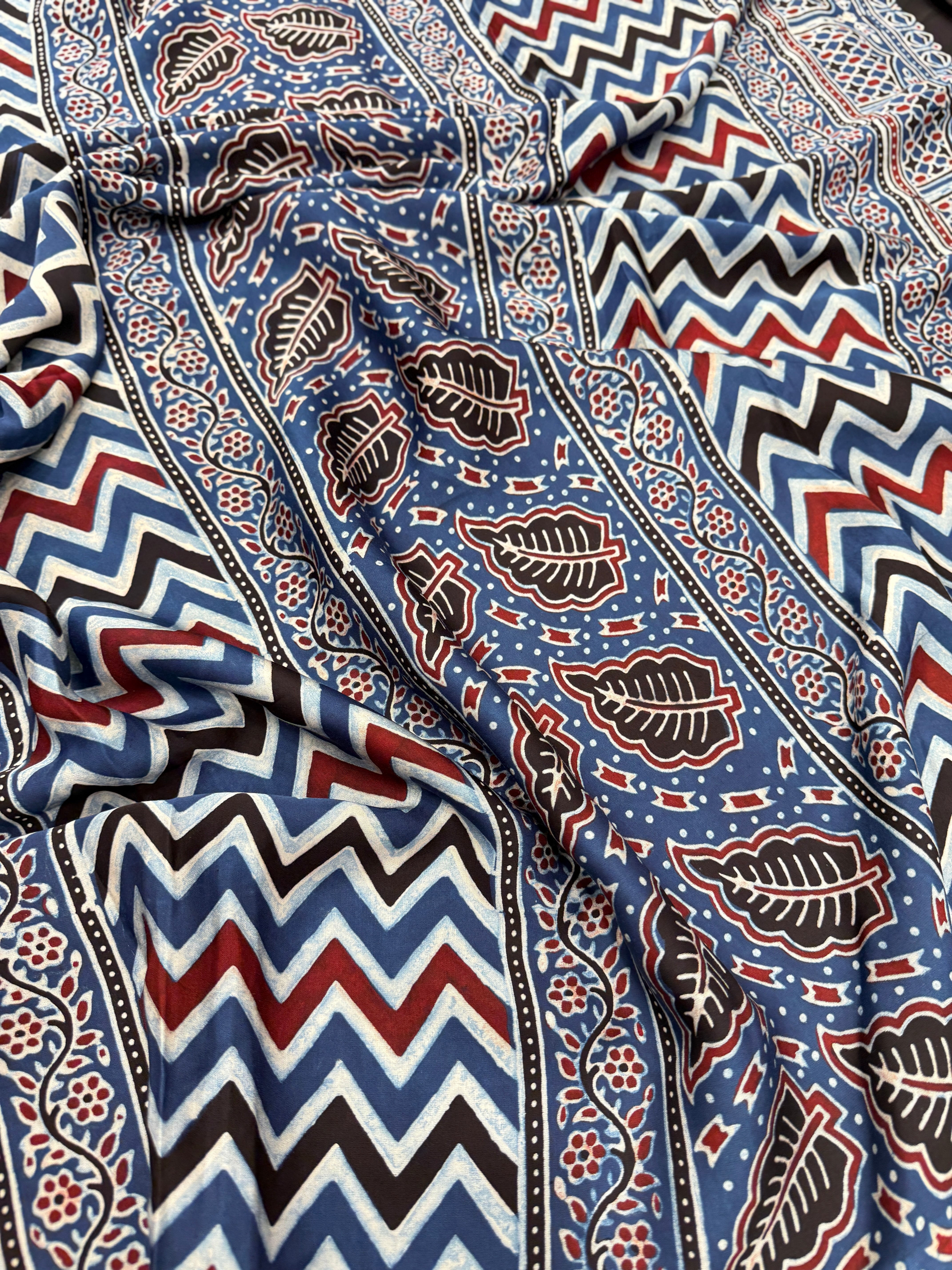 Blue Zig Zag Pallu Contemporary Modal Gajji Silk Ajrakh Saree