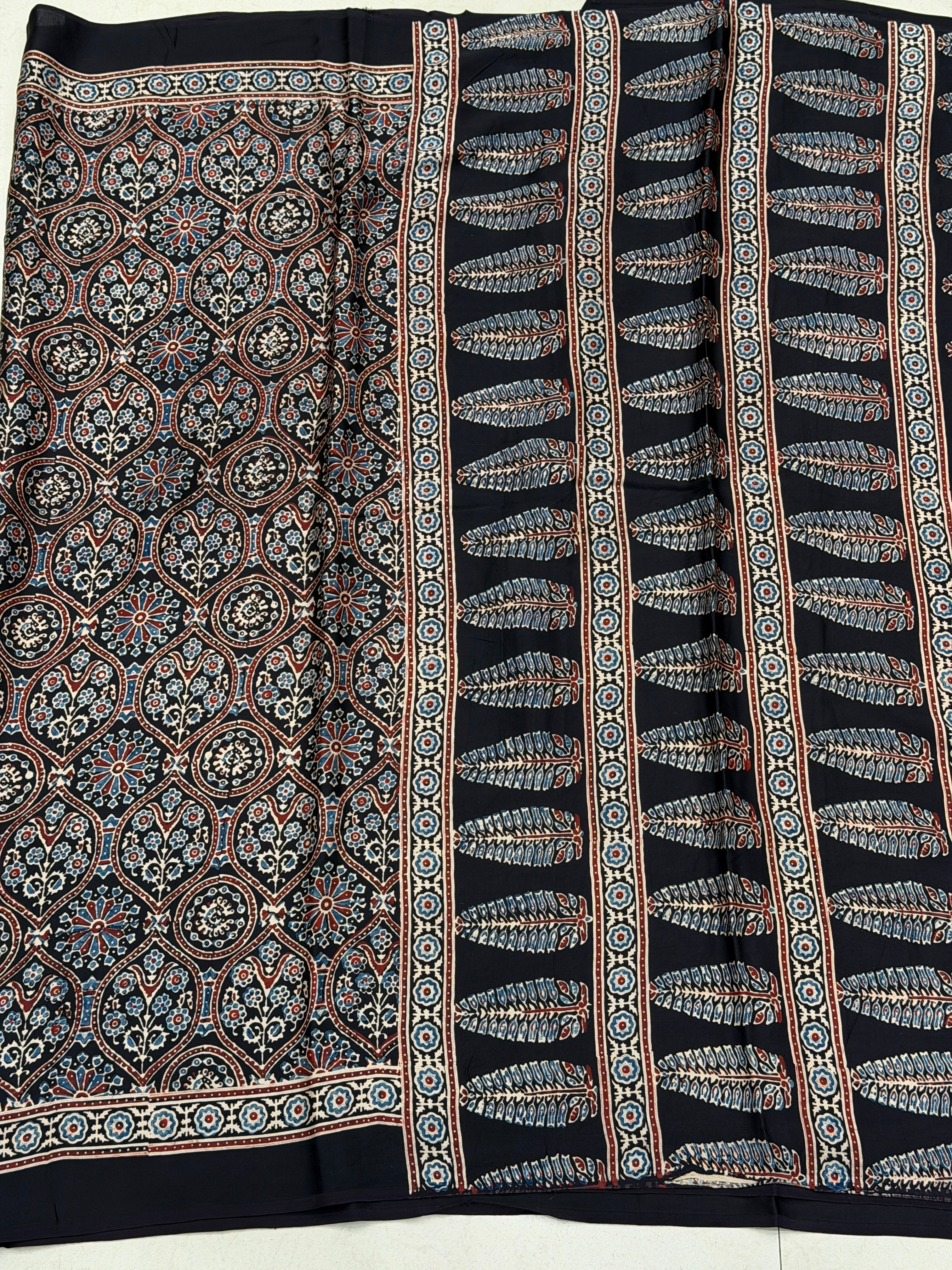 Black Coated Flower Buttis Ajrakh Hand Block Print Pure Modal Silk Saree