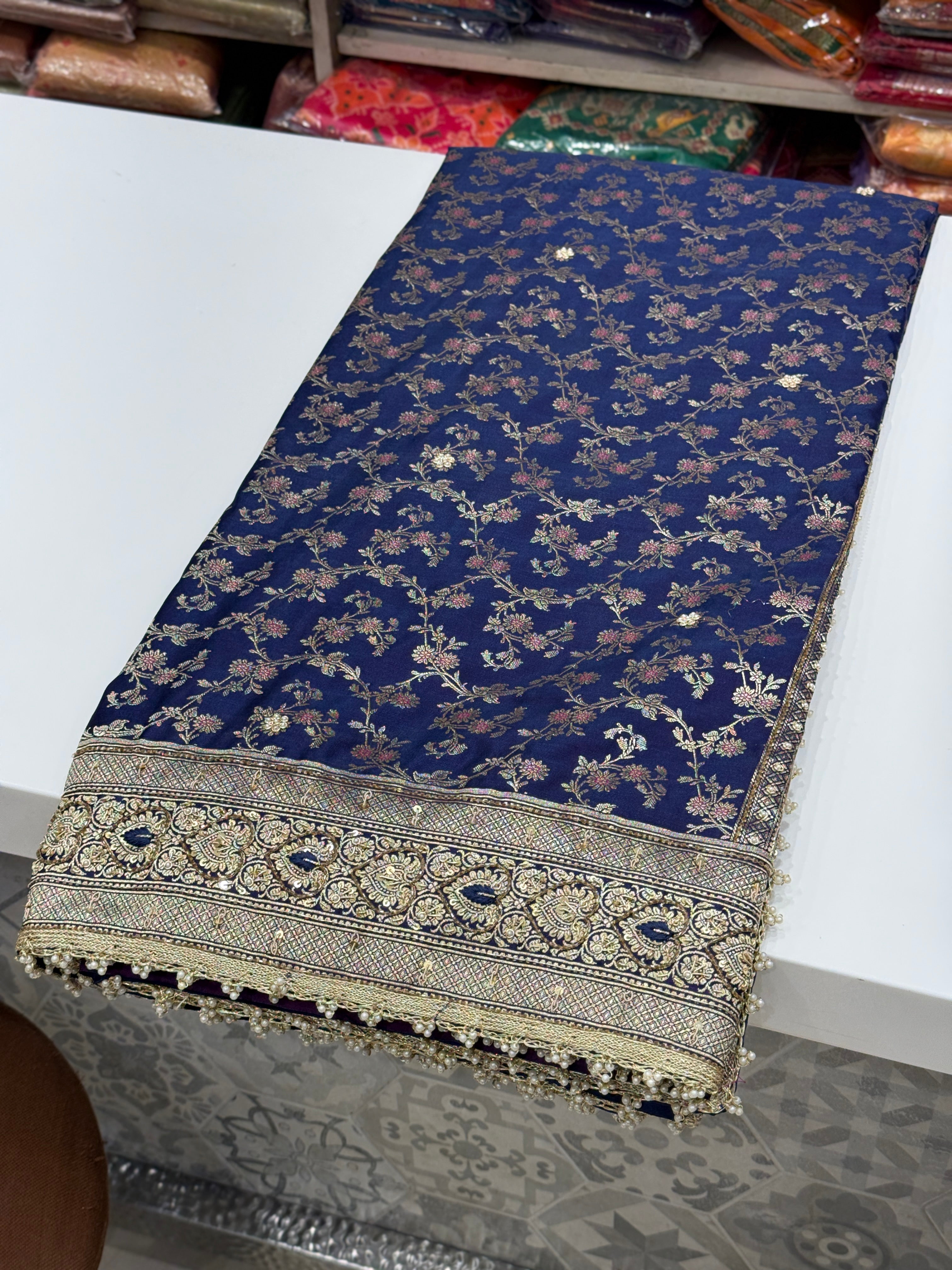 Cross Violet Banarasi Zardosi Resham Hand Embroidery Heart Border Saree