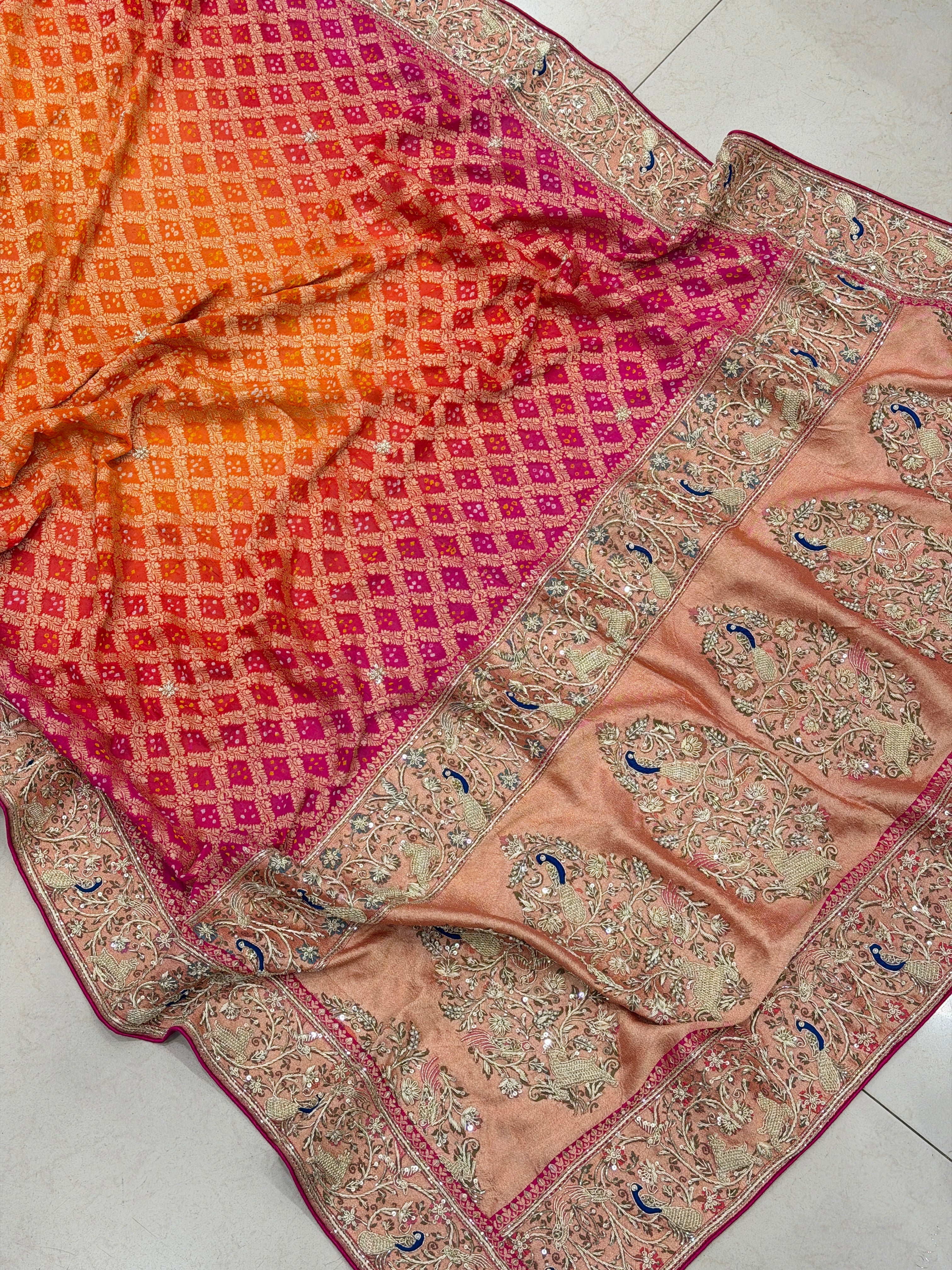 Orange Rani Shaded Meenakari Peacock Zardosi Hand Embroidery Saree