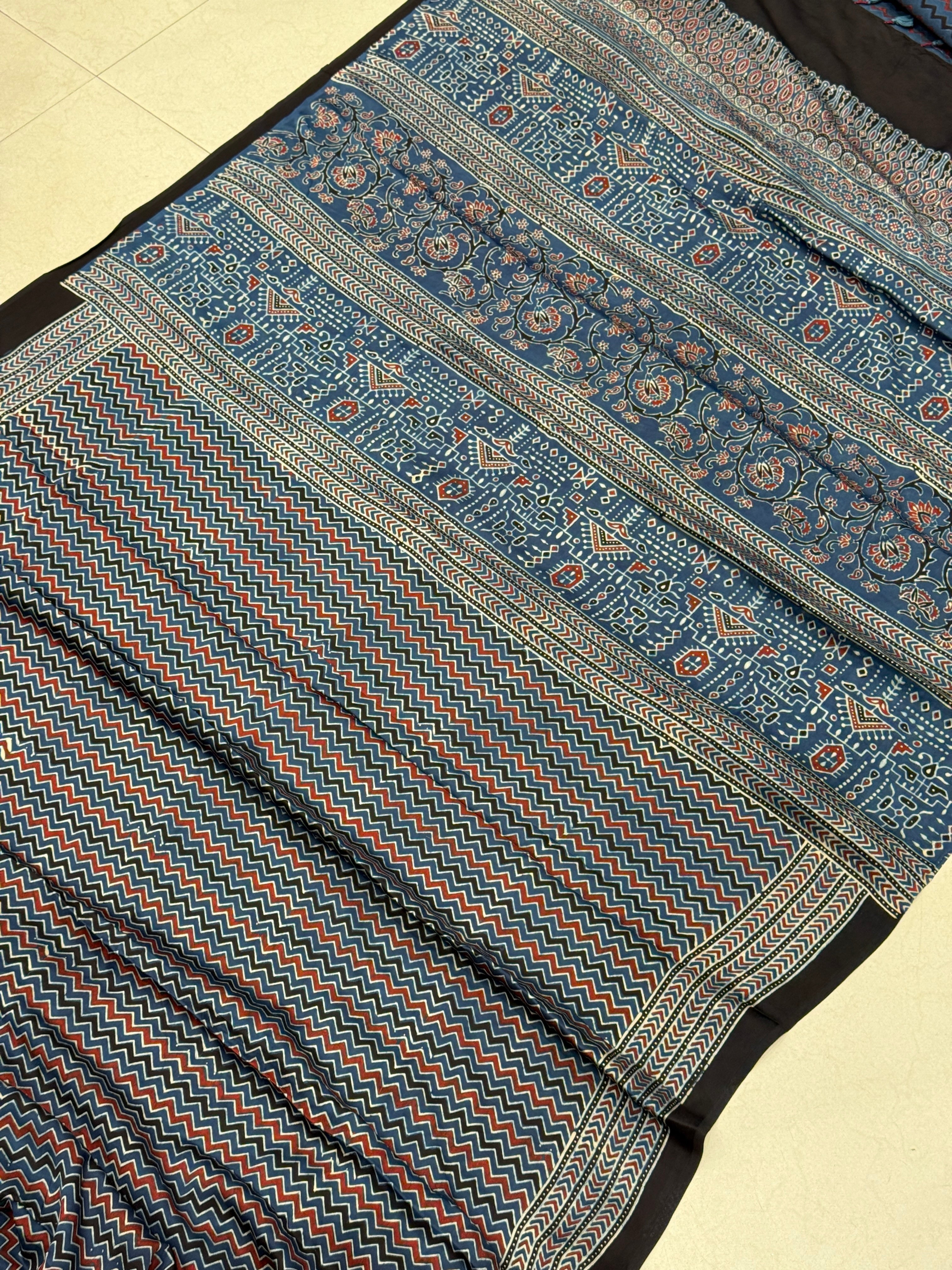 Blue Zig Zag Ajrakh Modal Gajji Silk Saree
