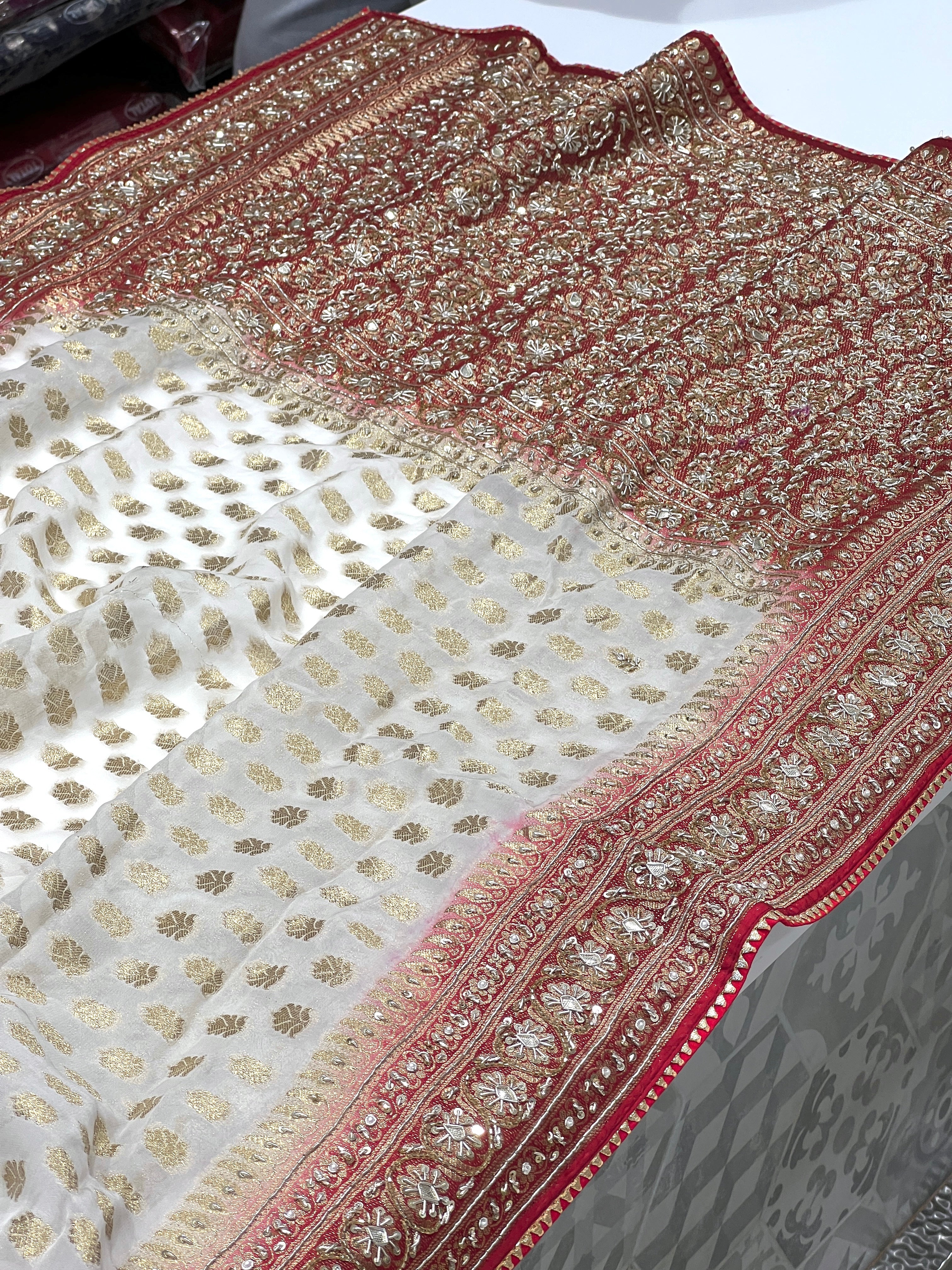 Beige Banarasi Georgette Maroon Border Zardozi Embroidery Saree