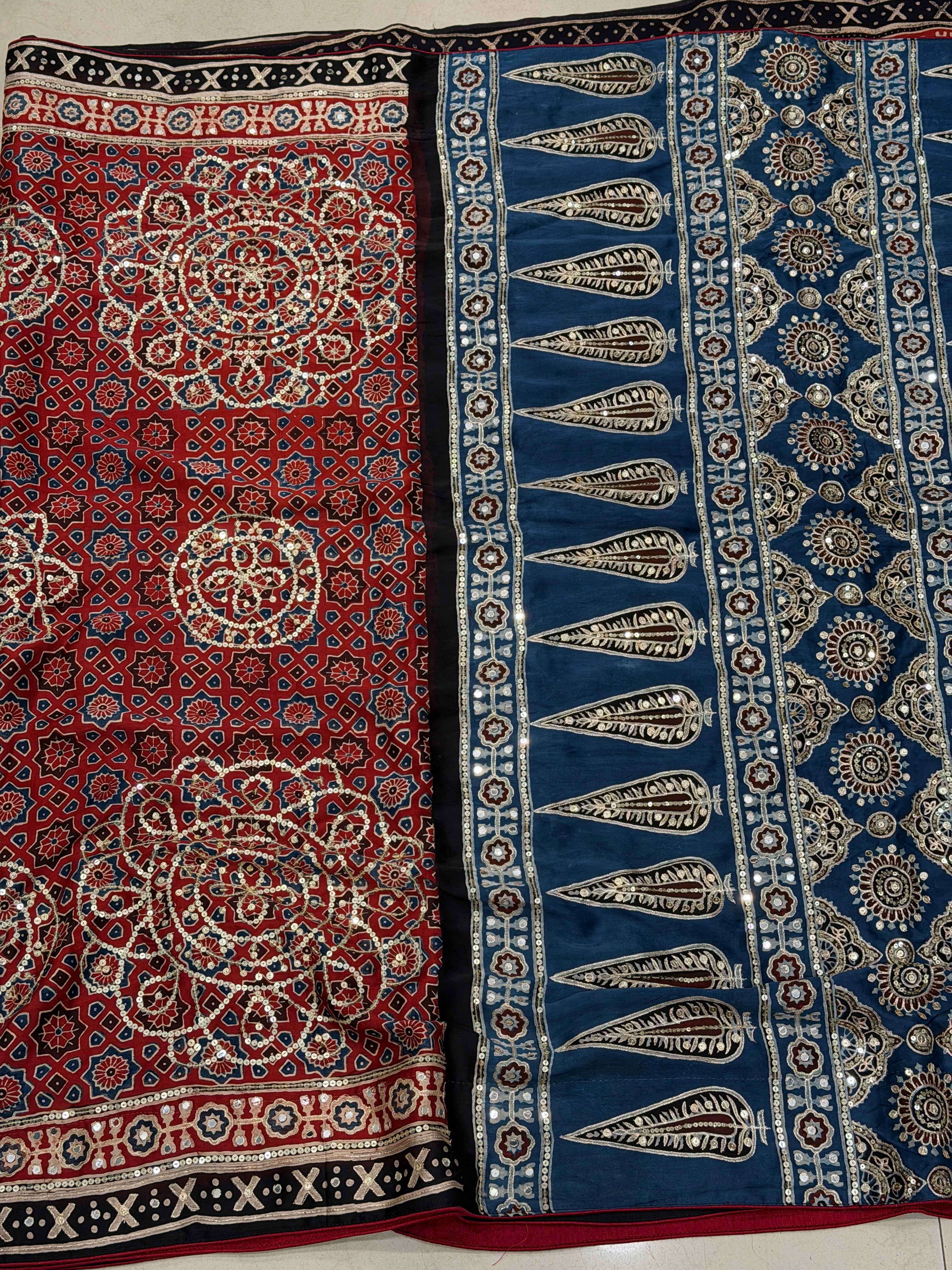 Alia Bhatt Inspired Ajrakh Modal Hand Embroidery Saree