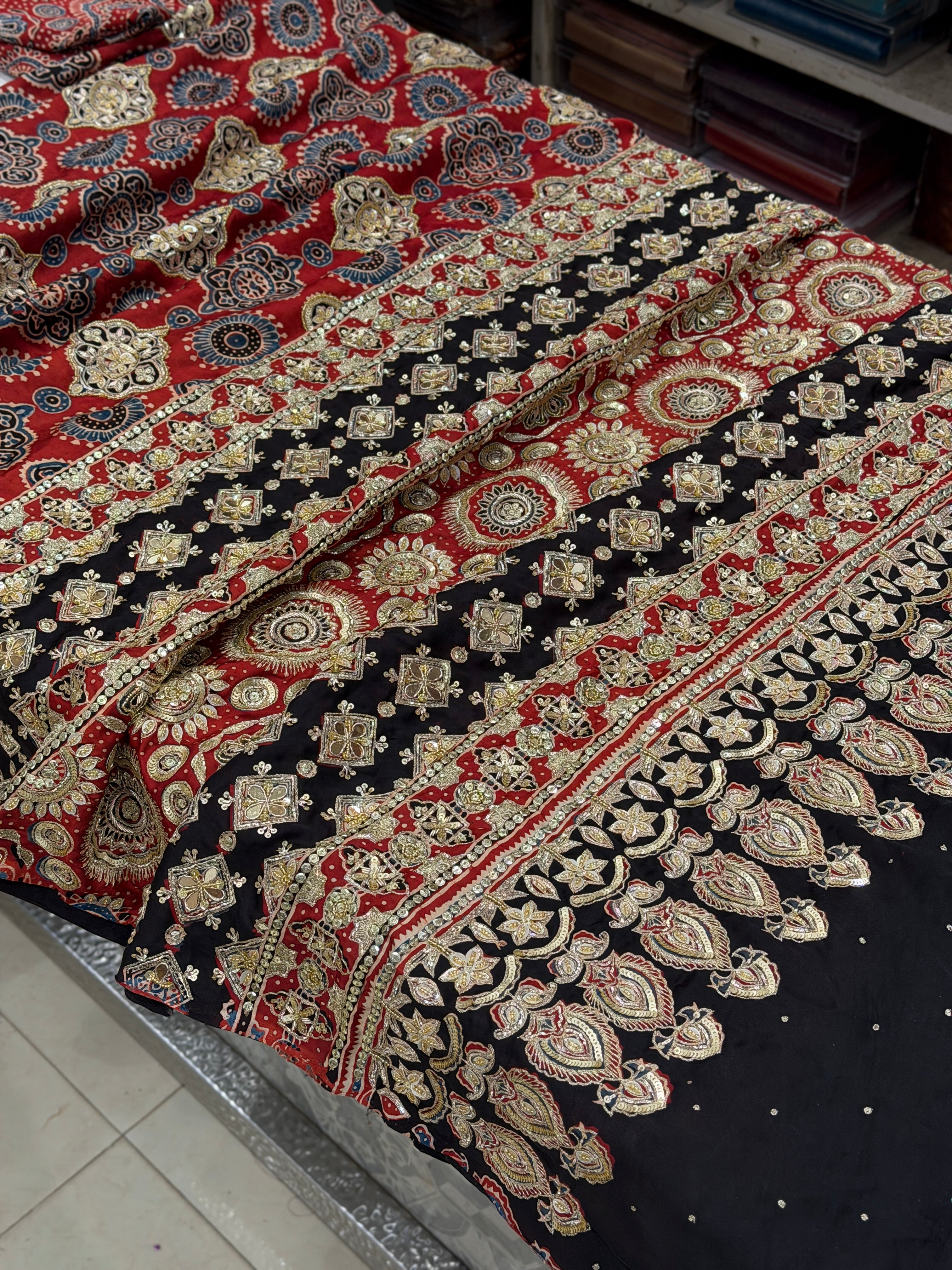 Red Black Badam Jaal Pita Sequin Ajrakh Hand Embroidery Saree