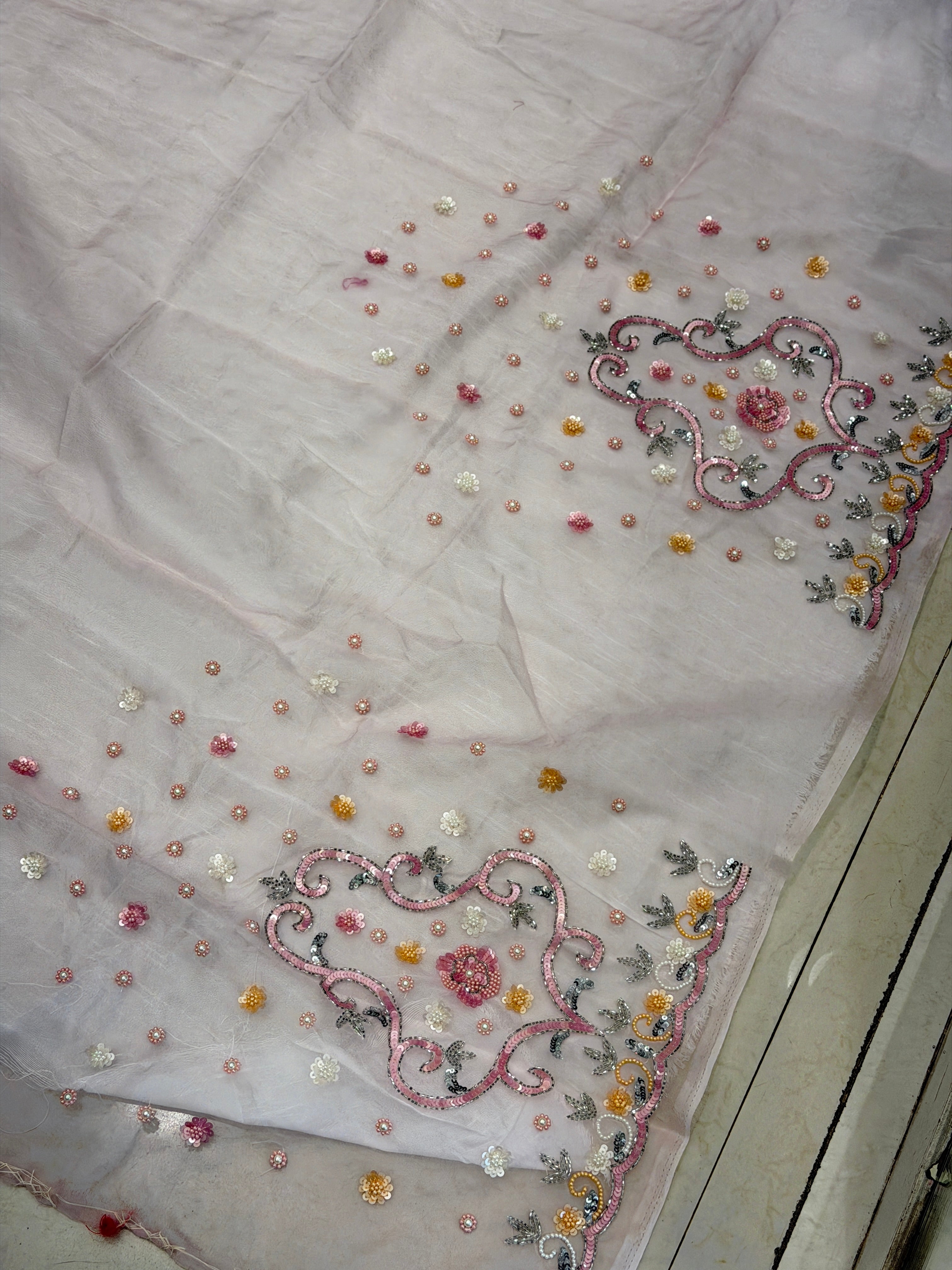 Pink Organza Sequin and Moti Hand Embroidery Blouse Piece