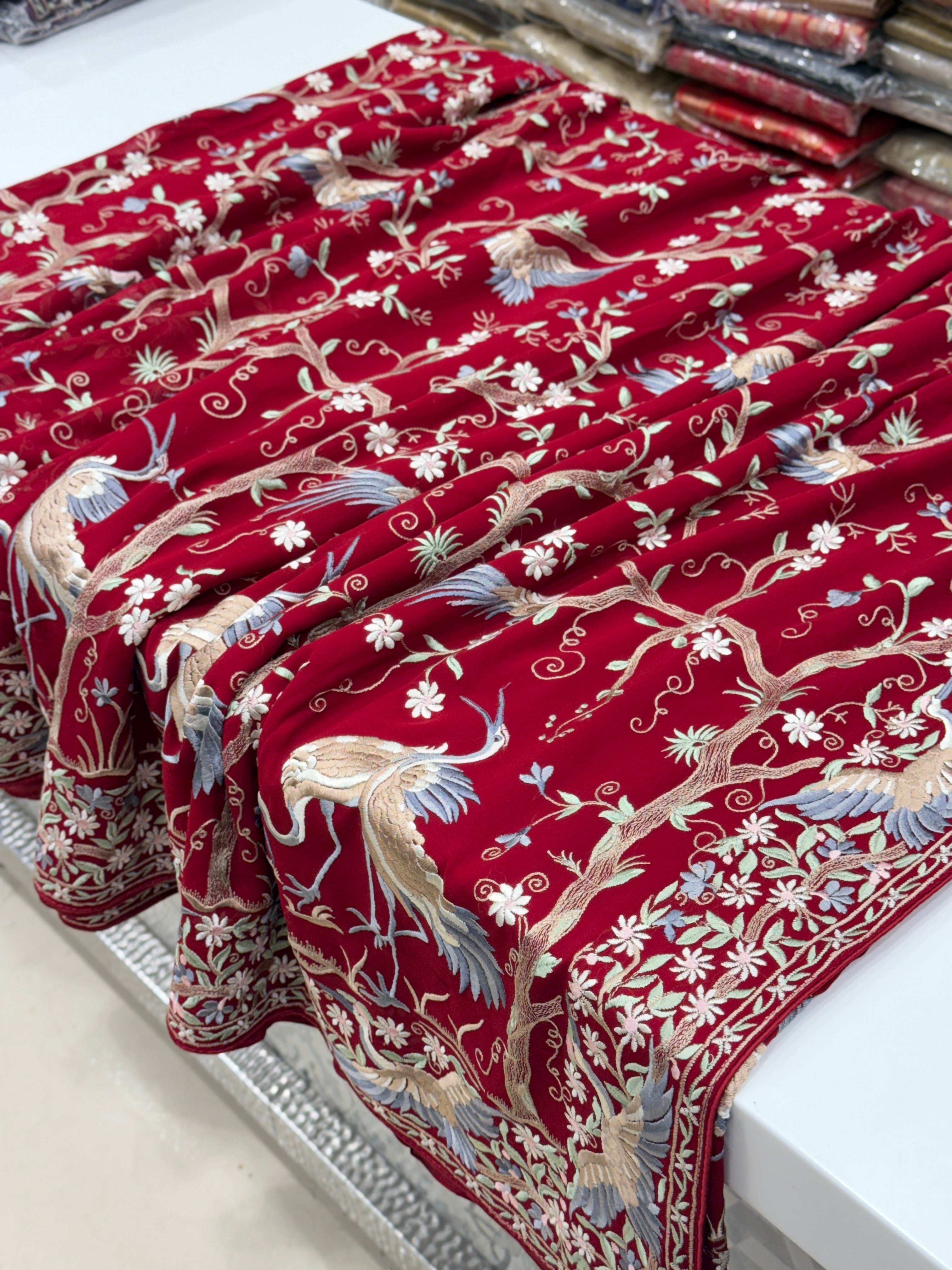 Red Tree Of Life Flamingo Parsi Gara Saree