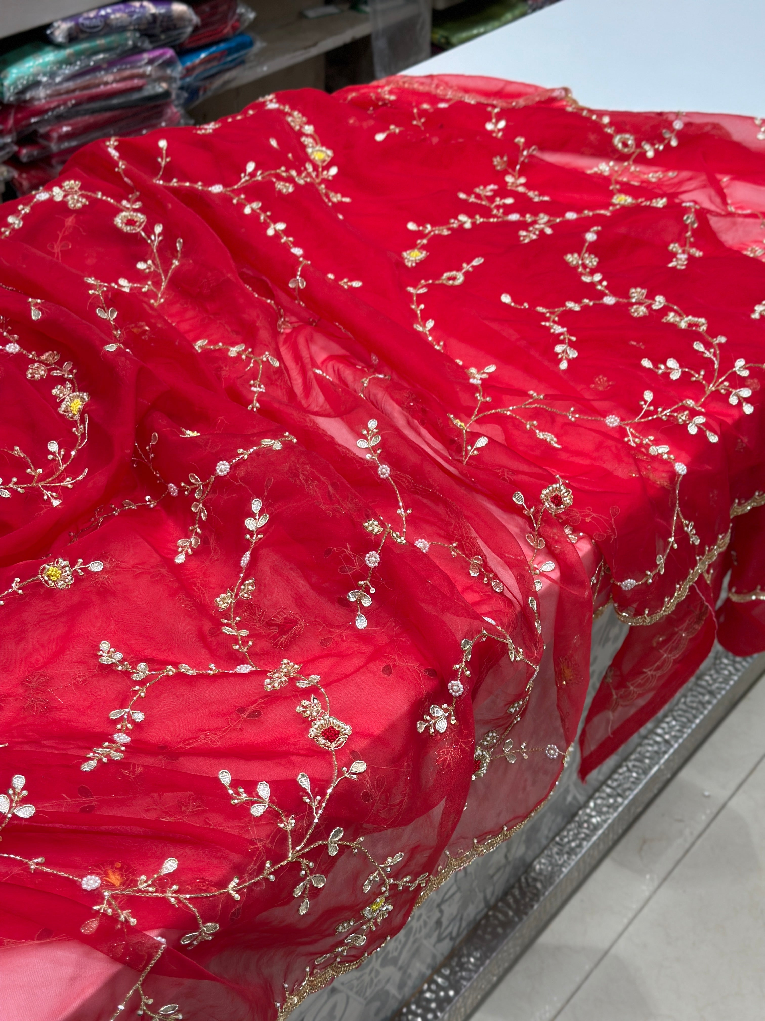 Red Organza Hand Embroidery Saree