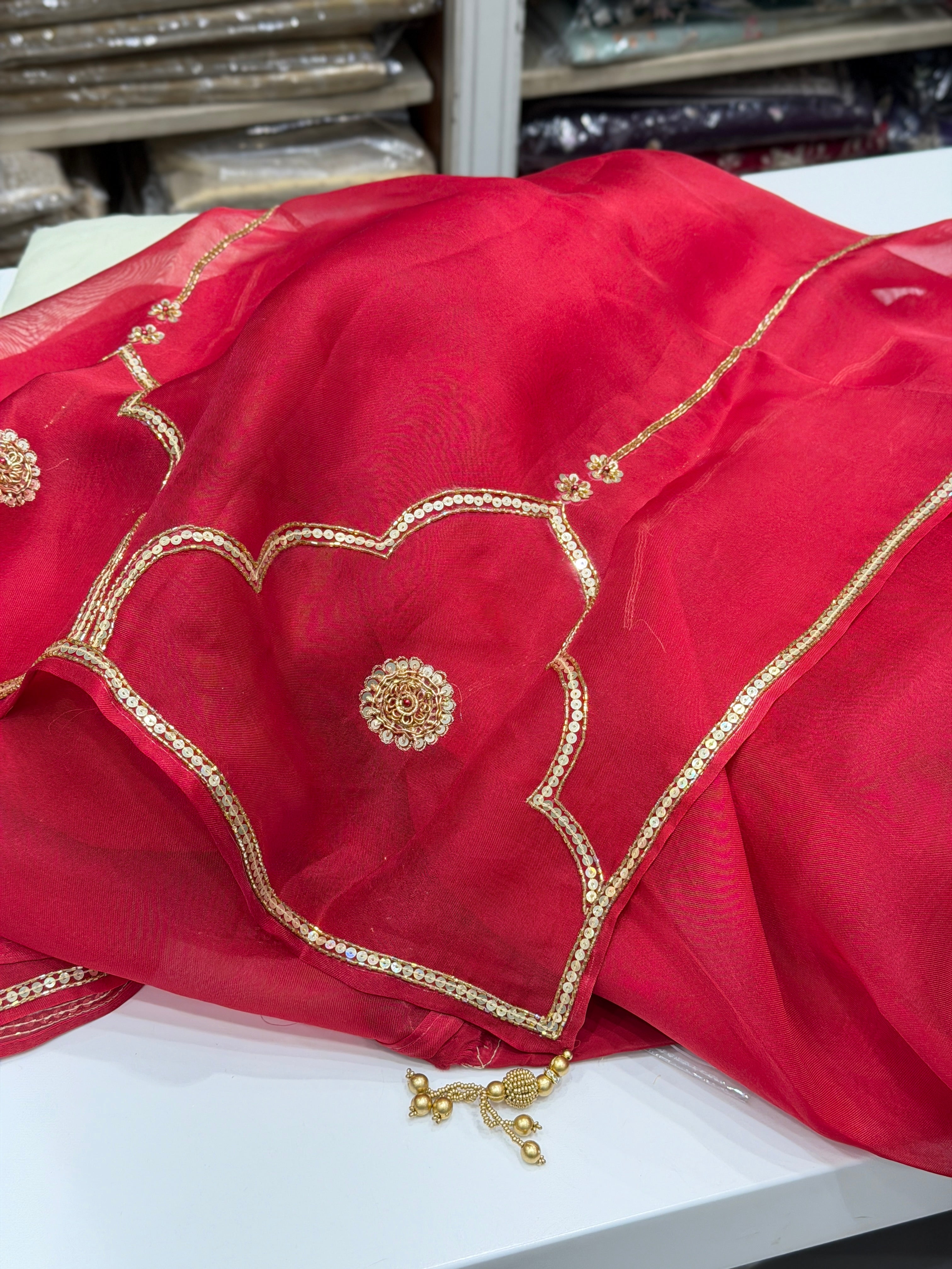 Red Pure Organza Raw Mango Inspired Contemporary Zardodi Moti Sequin Hand Embroidery Saree