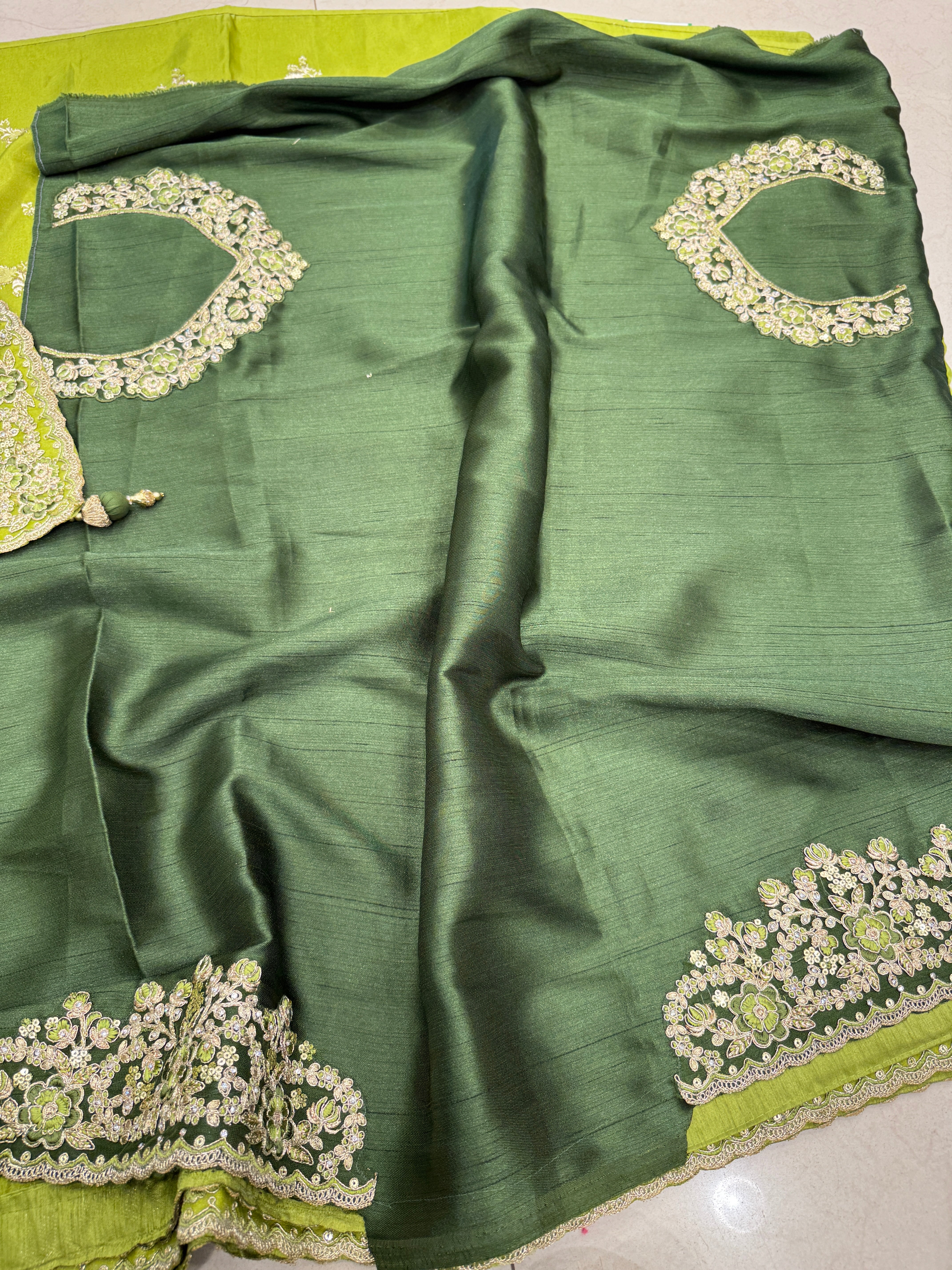 Green Crepe Tissue Embroidery Saree