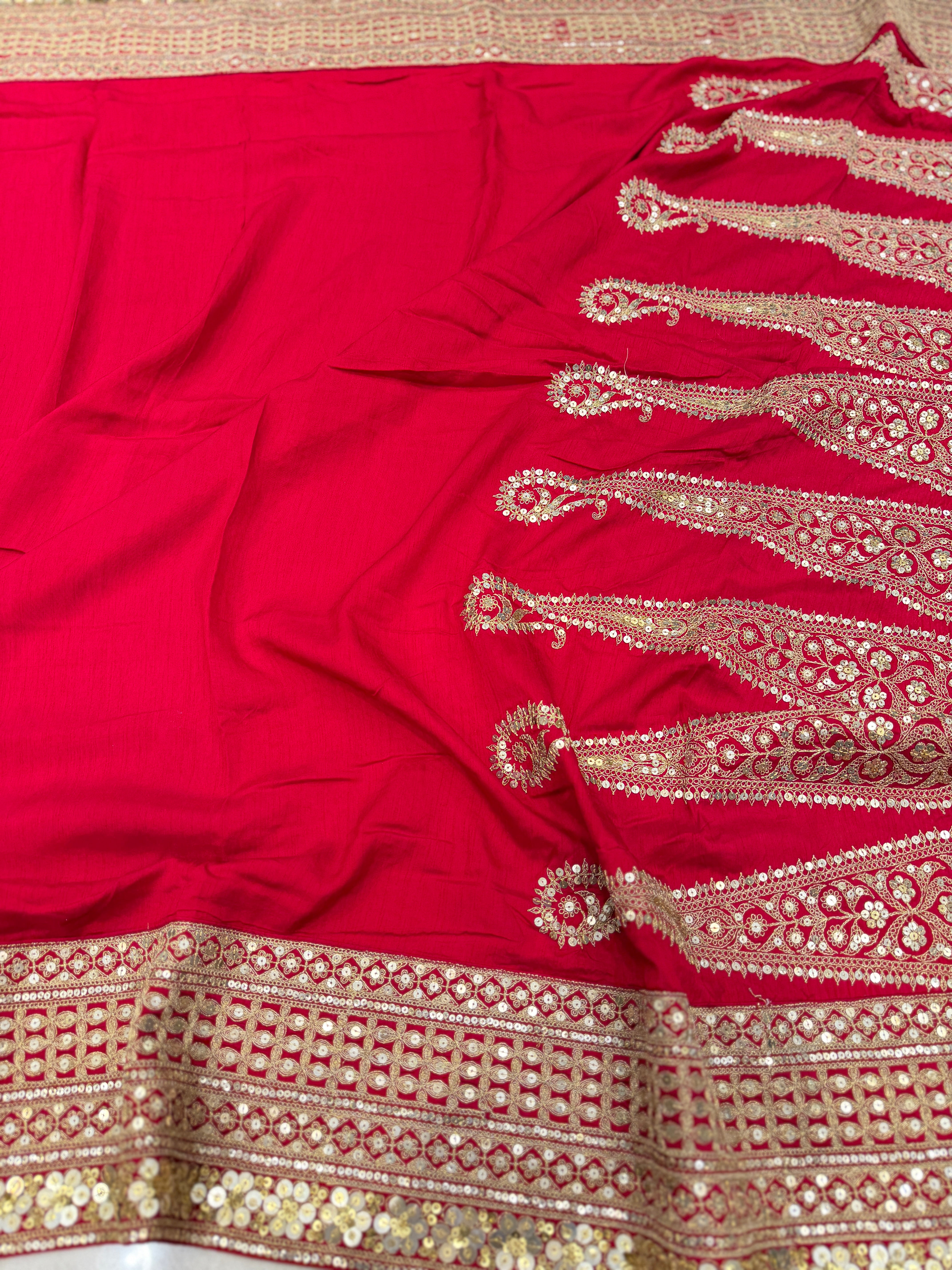 Red Sabyasachi Inspired Marodi Embroidery Pure Silk Saree Keri Pallu Saree
