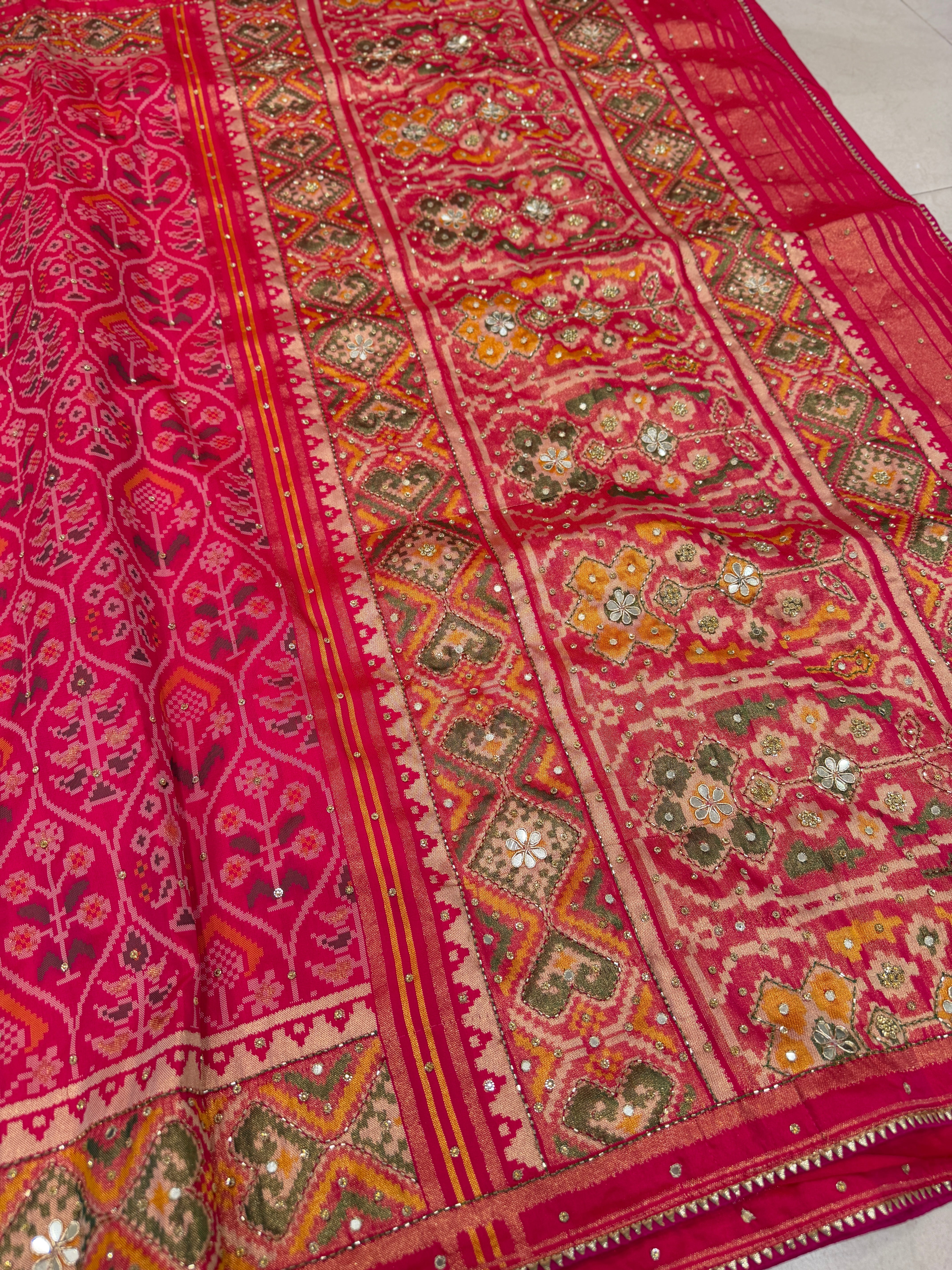 Rani Patola Crown Hand Embroidery Kutchi Style Saree